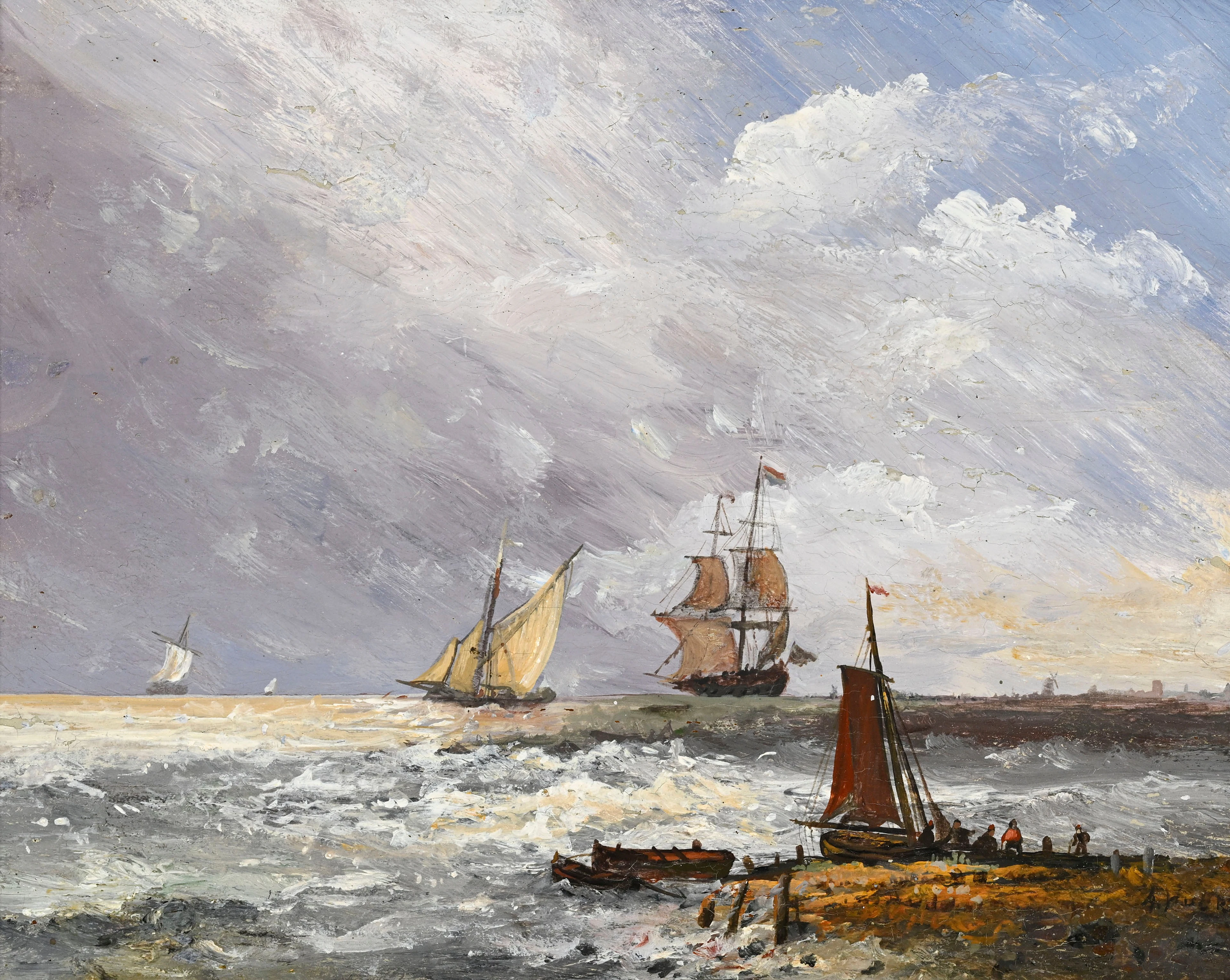 Ecole hollandaise du XIXe s., Navires en mer, huile sur panneau, signée
