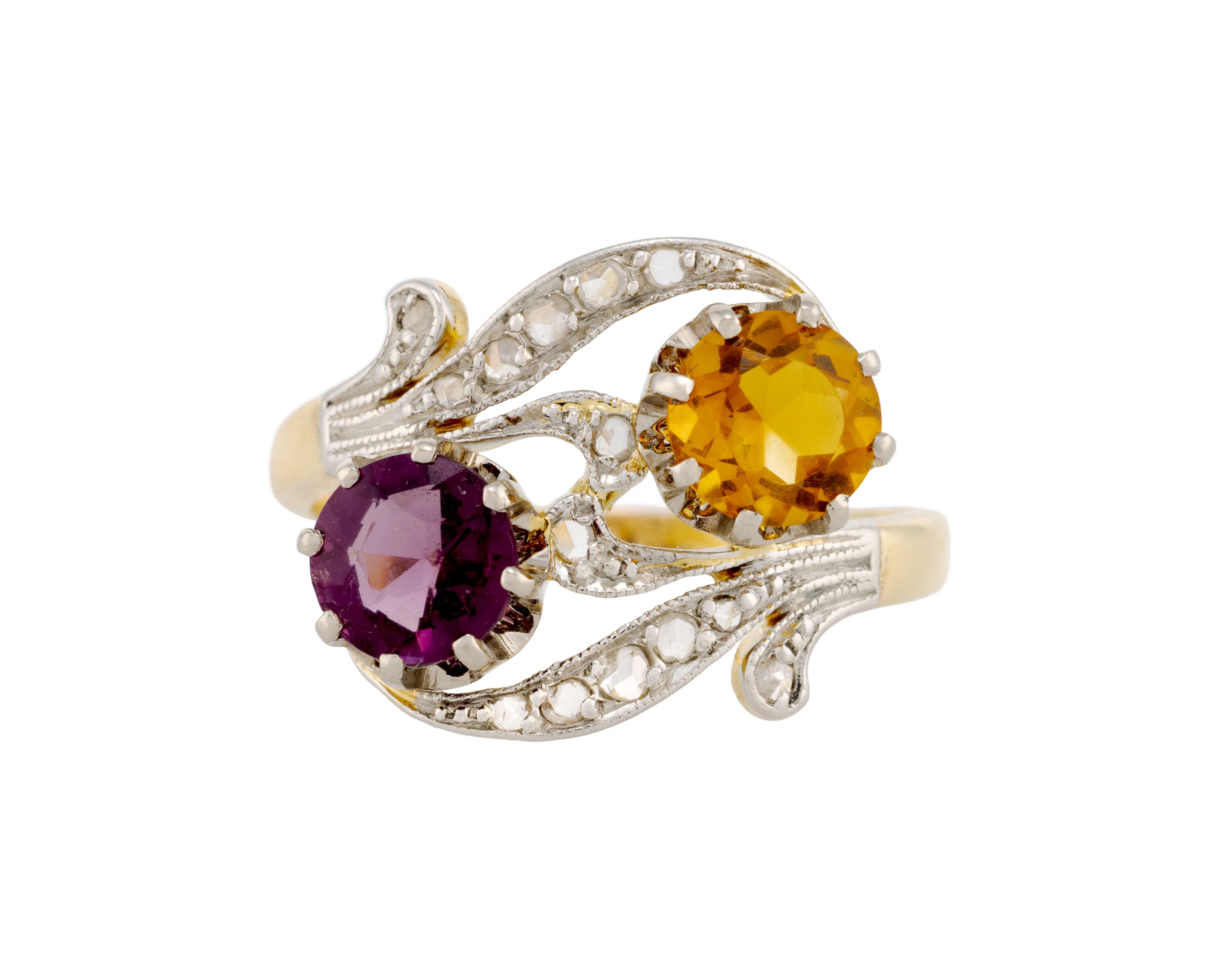 Bague Toi&Moi fin XIXe s., 2 ors 750 sertie d'une améthyste et d'une