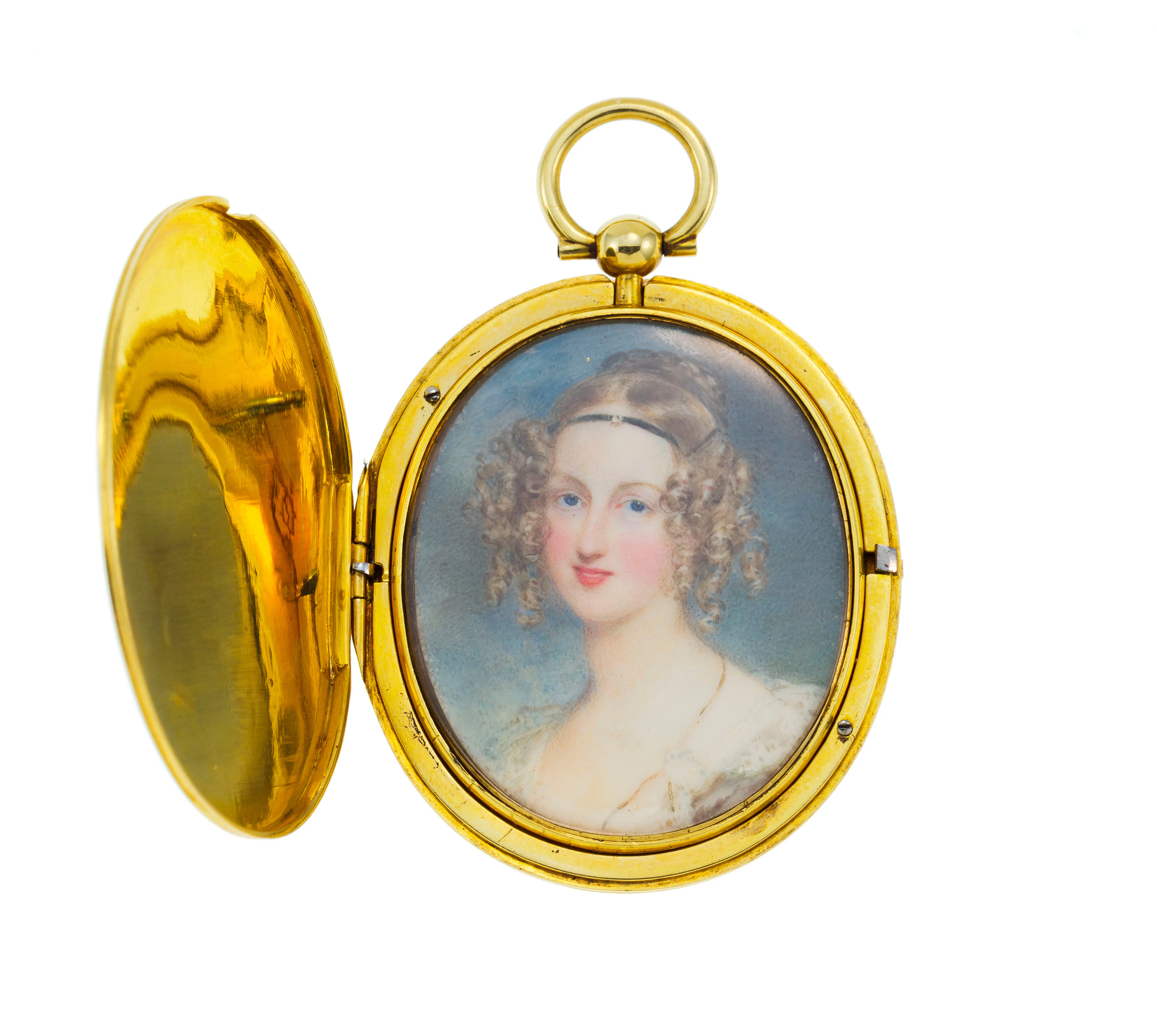 Pendentif porte-miniature ovale en or, travail anglais XIXe s., vers
