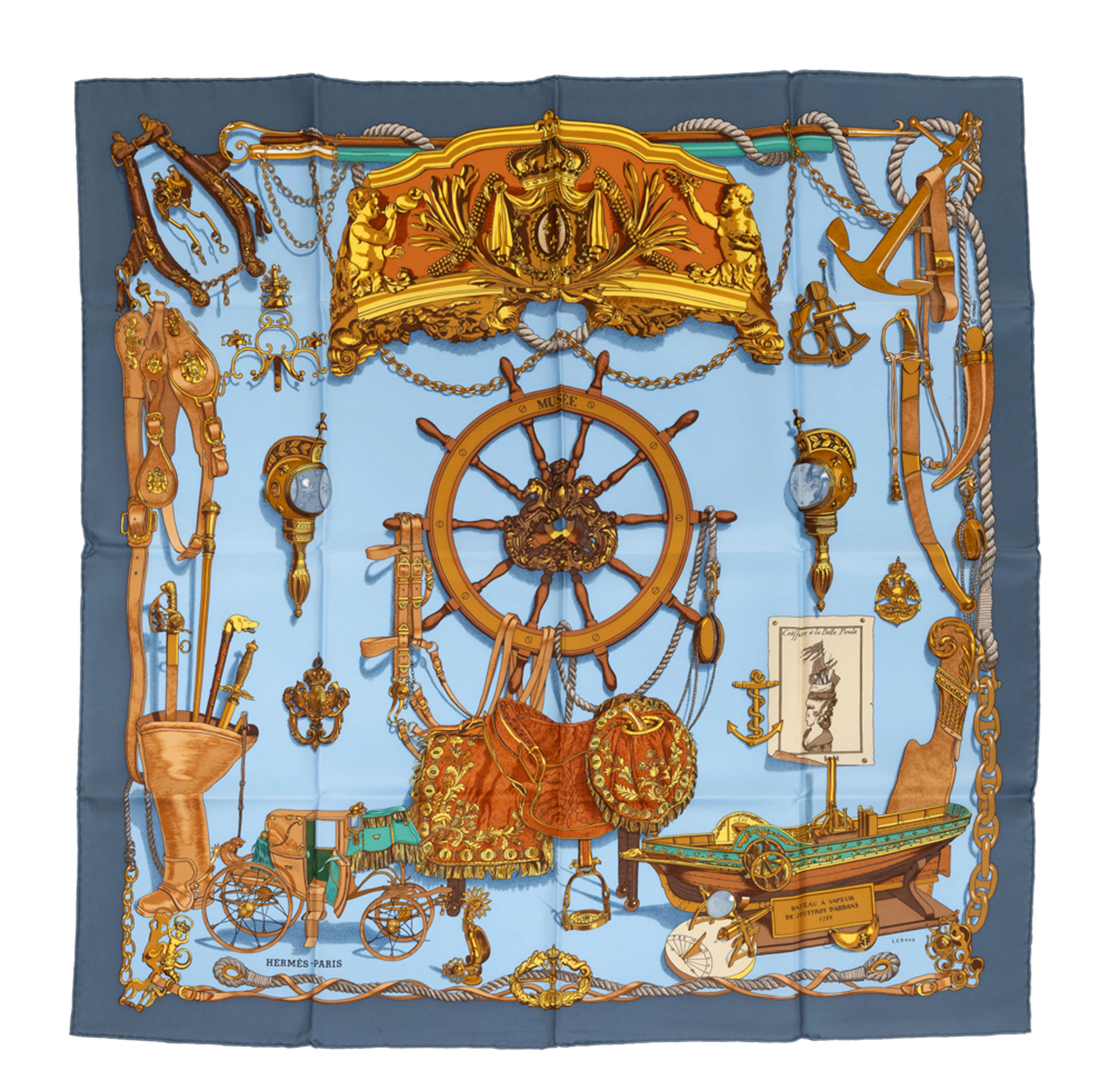 Hermès, carré en twill de soie imprimée: Musée, fond bleu, boîte, 90x90 cm