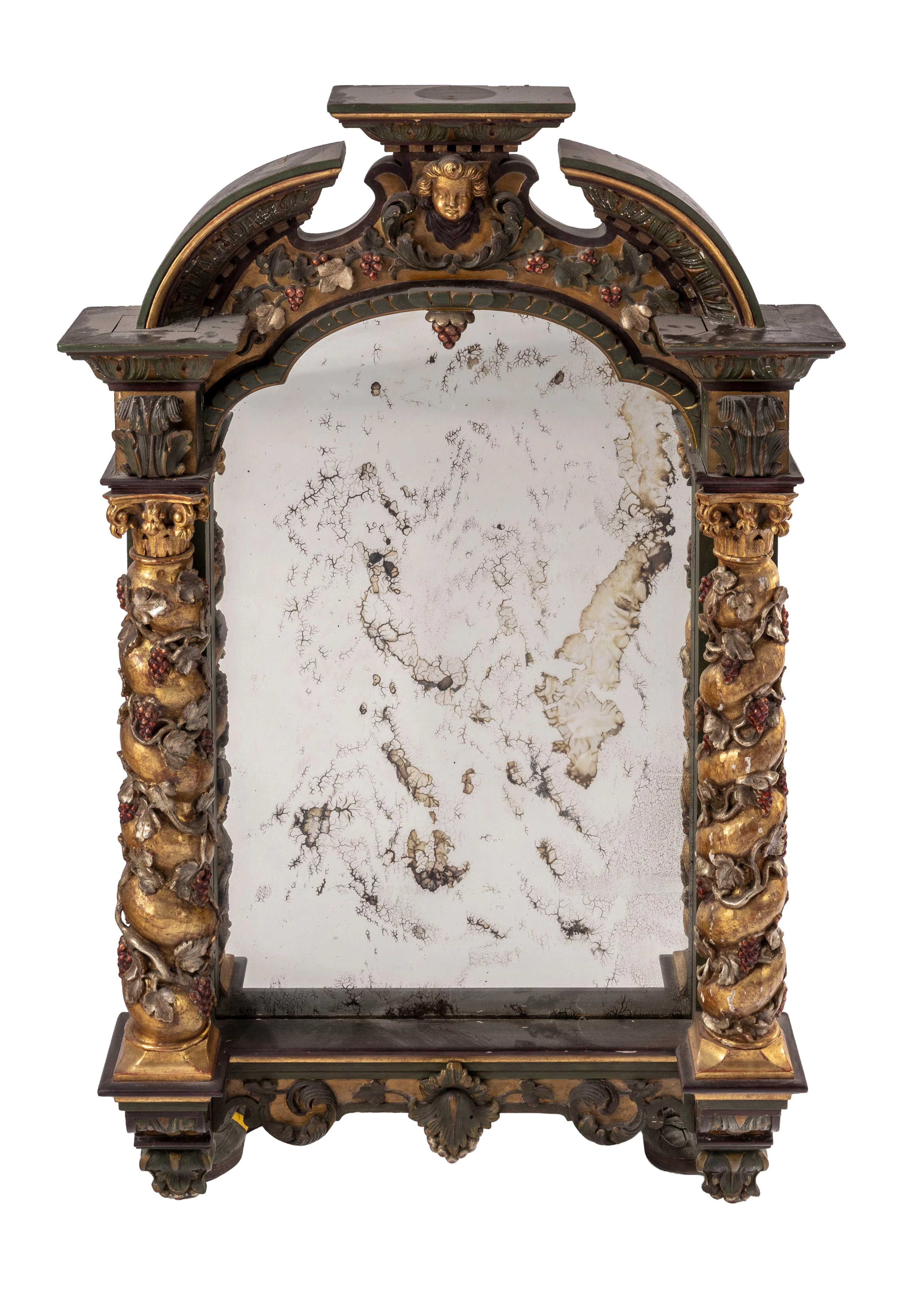 Miroir, Italie, XXe s., en bois sculpté polychrome et doré, montants