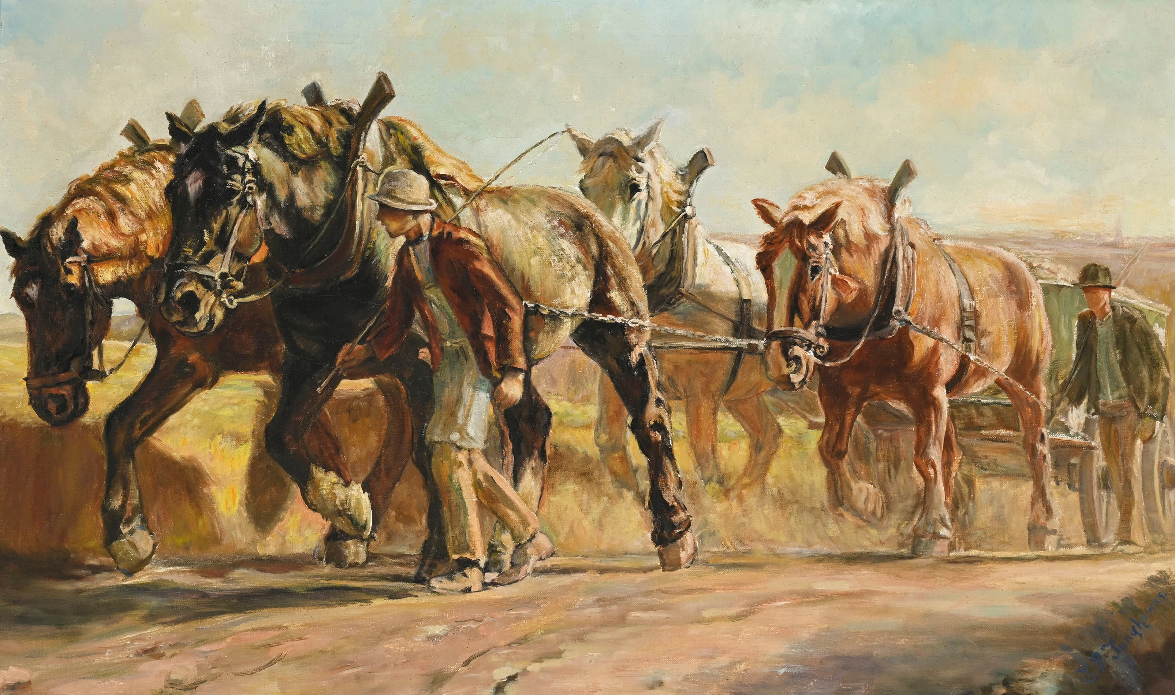 Julius Paul Junghanns (1876-1958), Paysans et chevaux de trait, huile