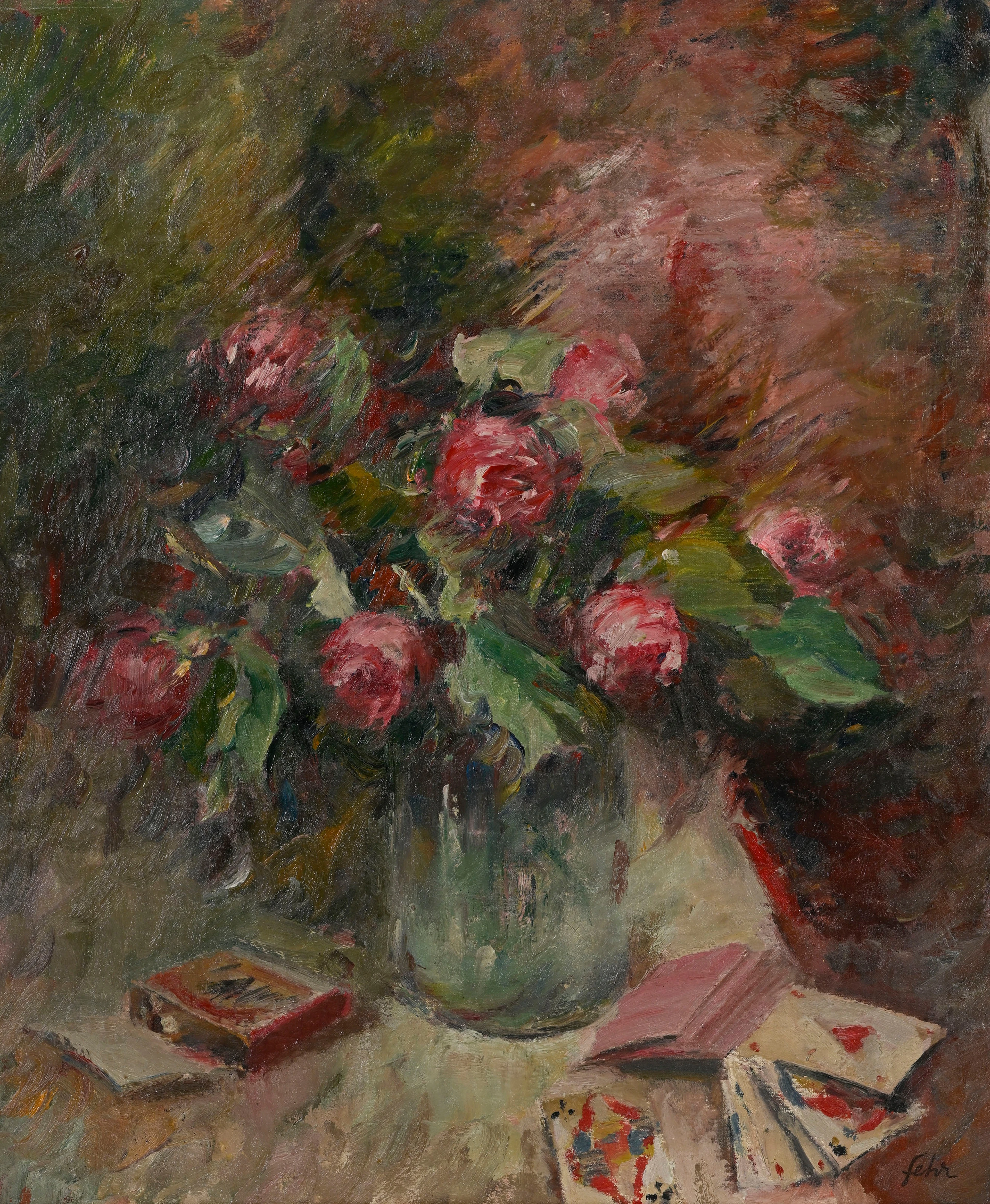 Henri Fehr (1890-1974), Nature morte au vase de roses et jeu de cartes