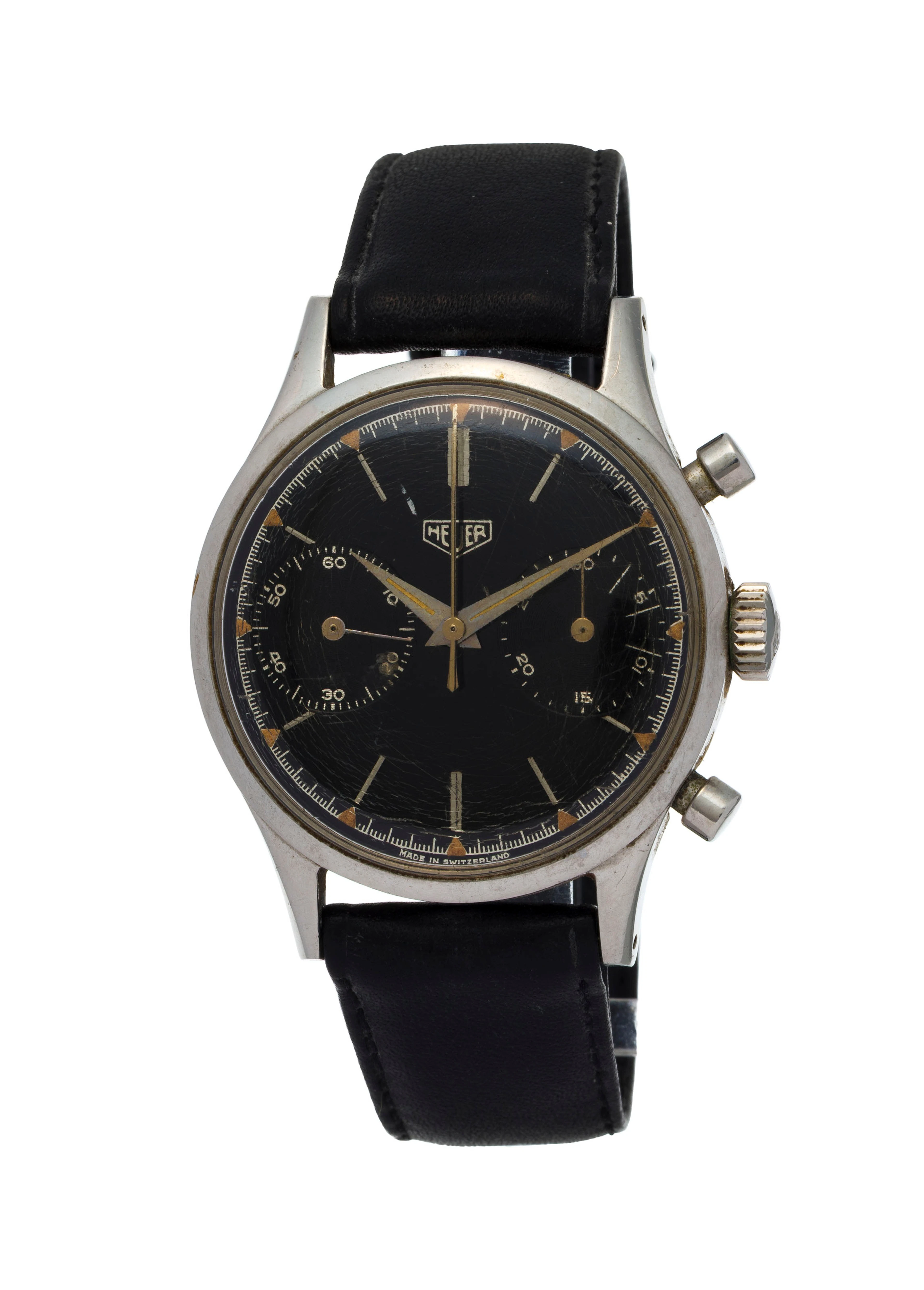 Heuer, montre chronographe en acier Mouvement: mécanique, 17 rubis