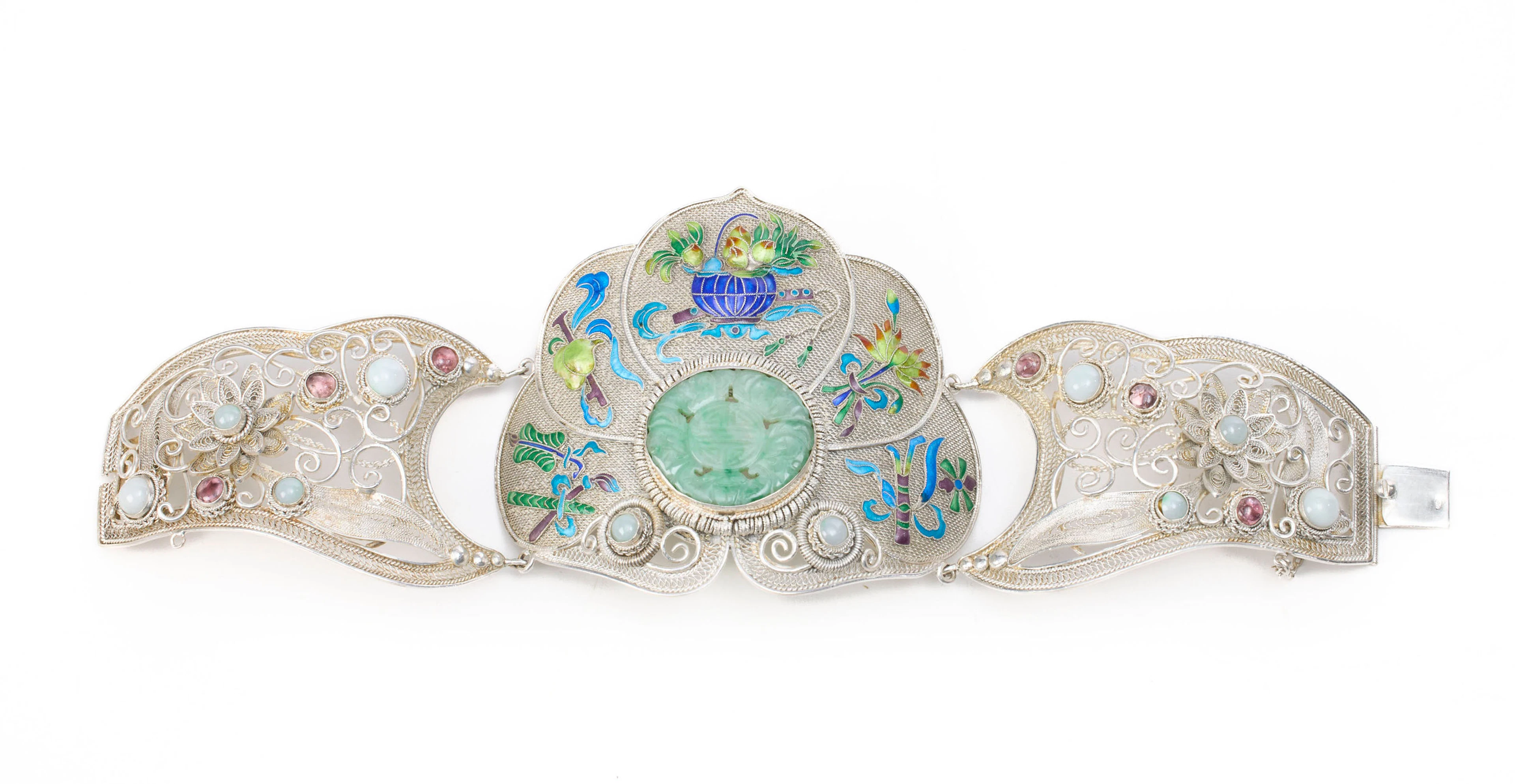 Bracelet en argent filigrané, émail et pierres dures, Chine, moderne