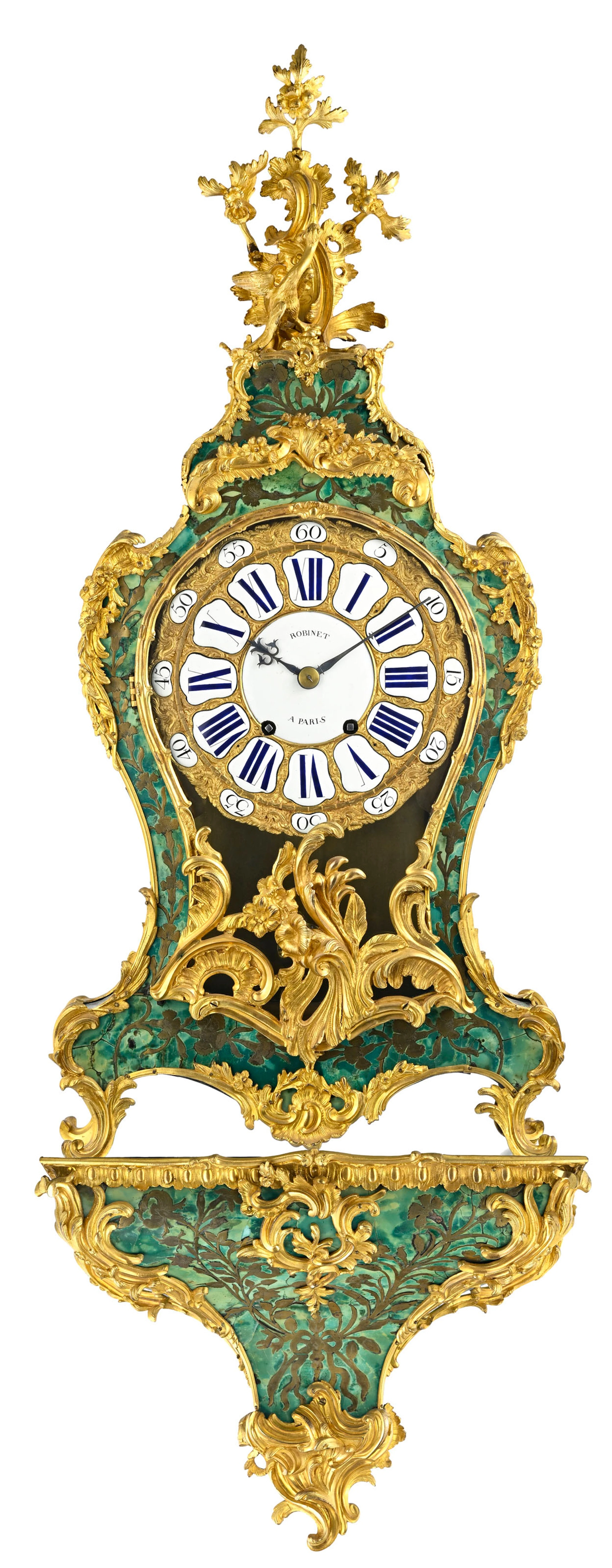 Cartel d'applique d'époque Régence, en corne teintée verte et incrustations