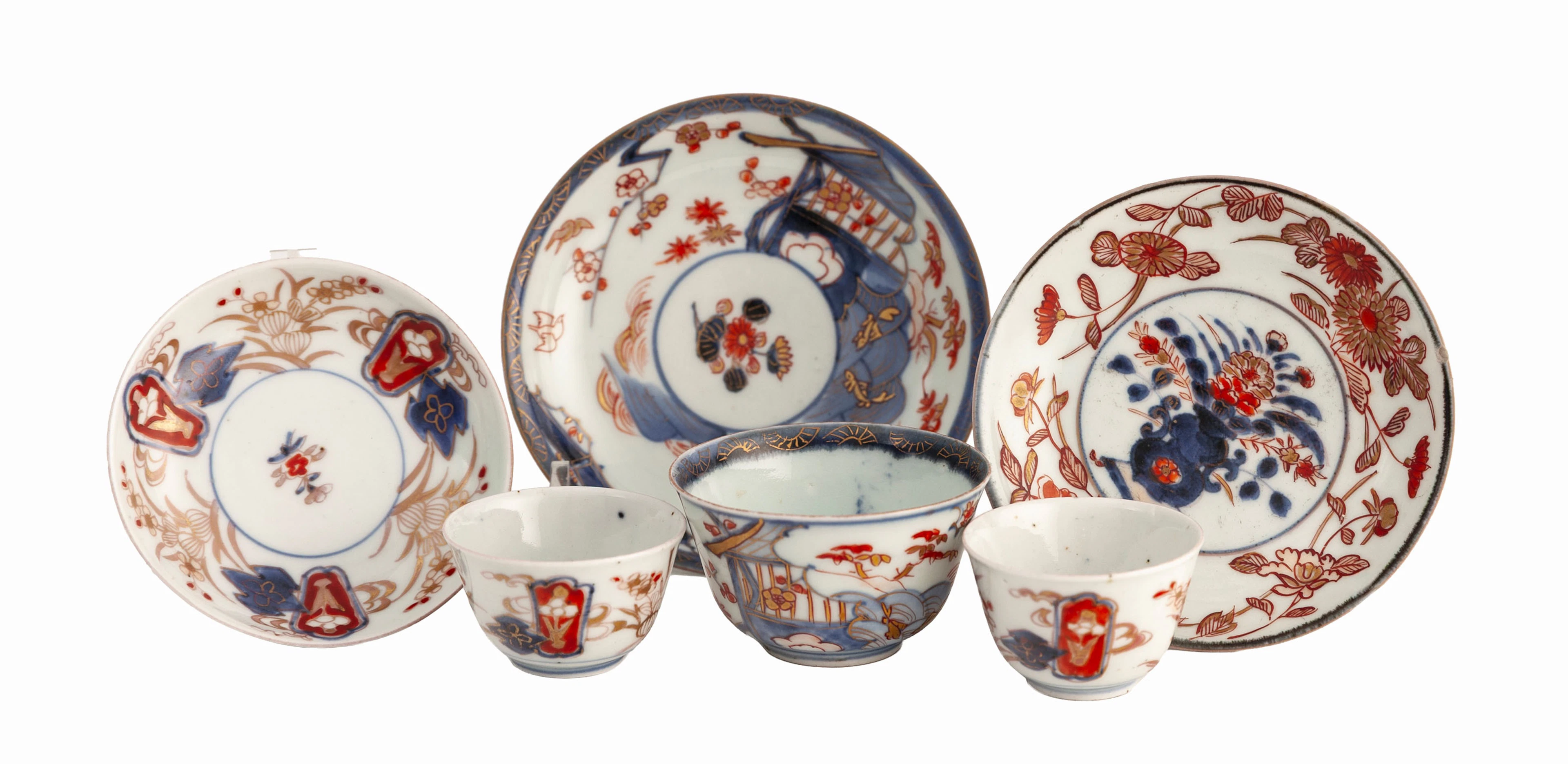 Ensemble de 3 coupes et 3 soucoupes en porcelaine Imari, Chine, XVIIIe
