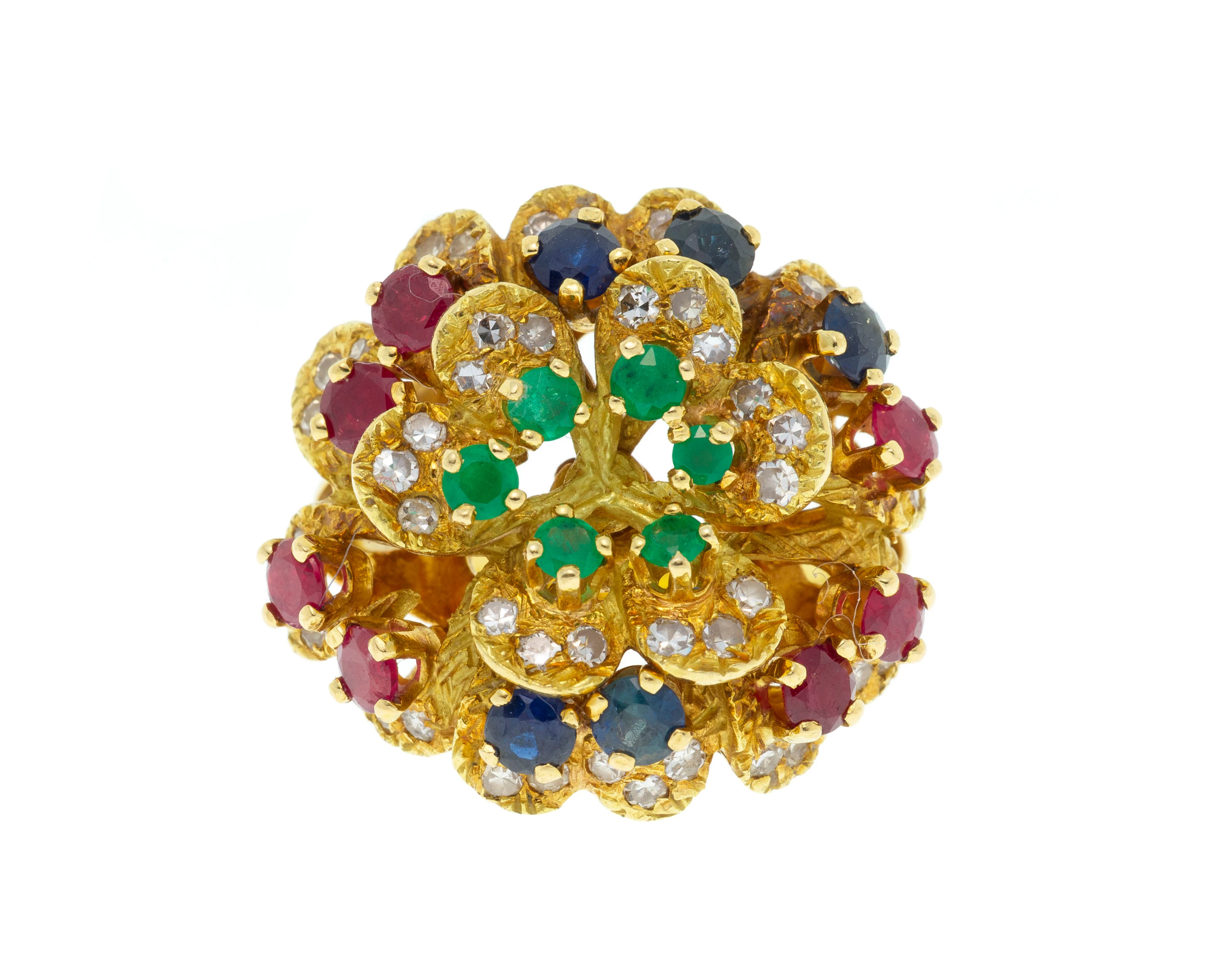 Bague fleur or 750 sertie d'émeraudes, de rubis, de saphirs et de
