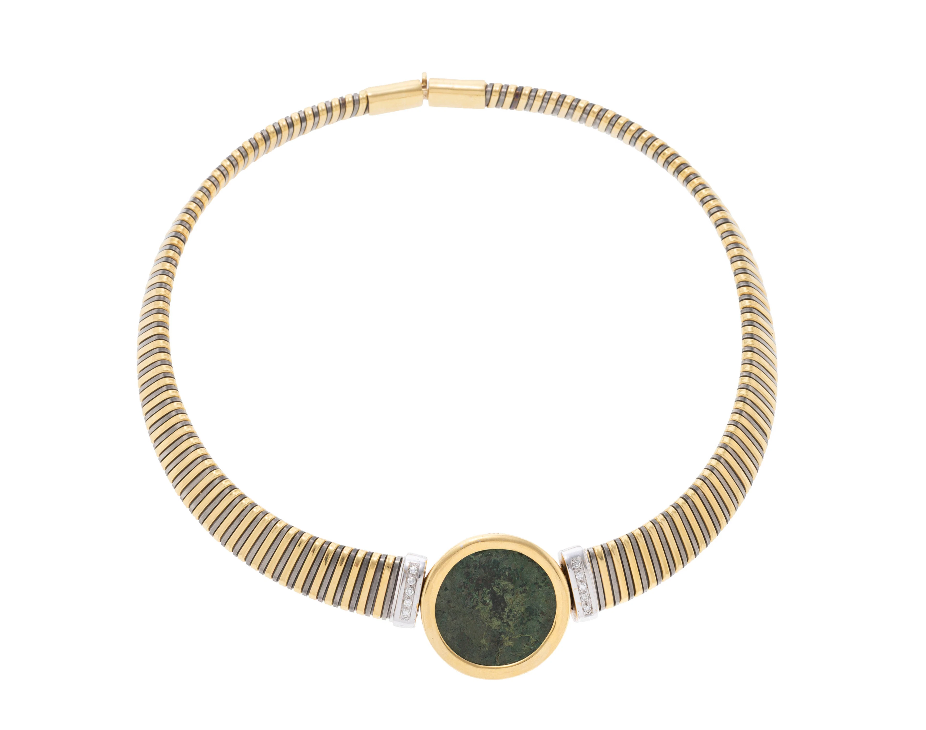 Collier 2 ors 750 et titane à maille tubogas centrant un sesterce