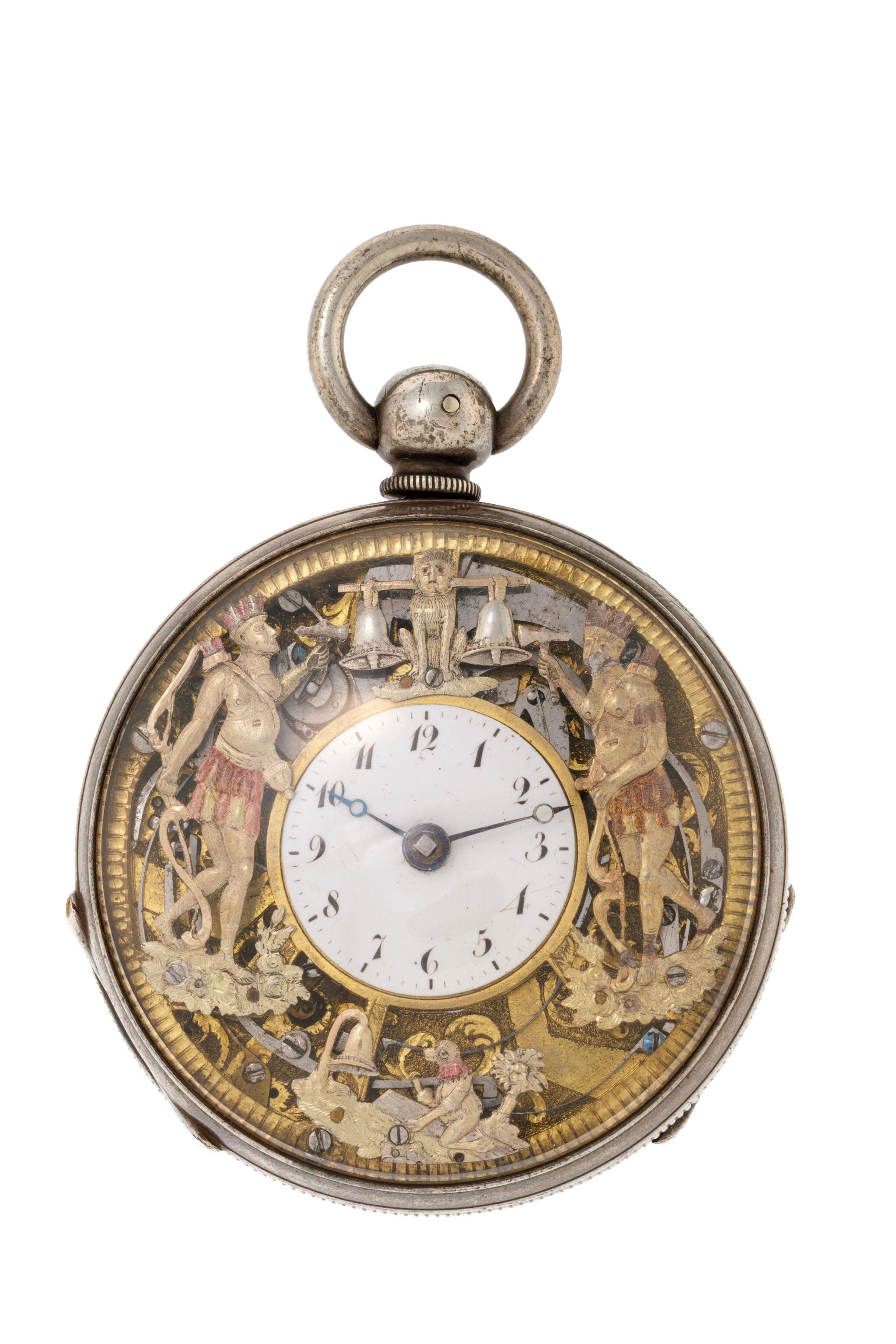 Montre de poche à coq partiellement squelette en argent et laiton