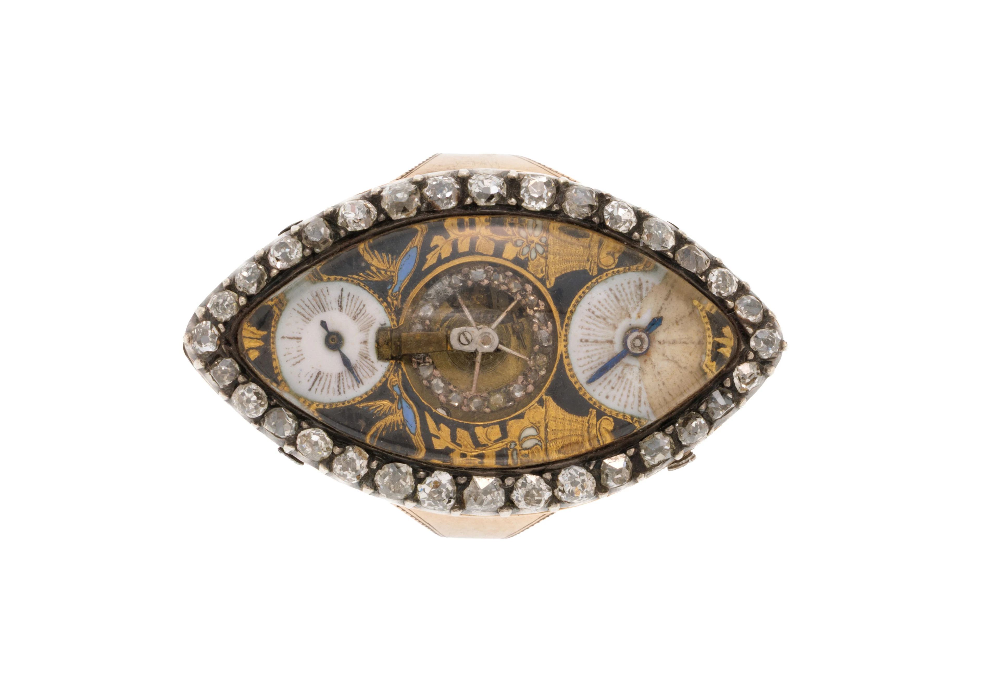 Bague-montre en or rose et argent sertie de diamants à double cadran
