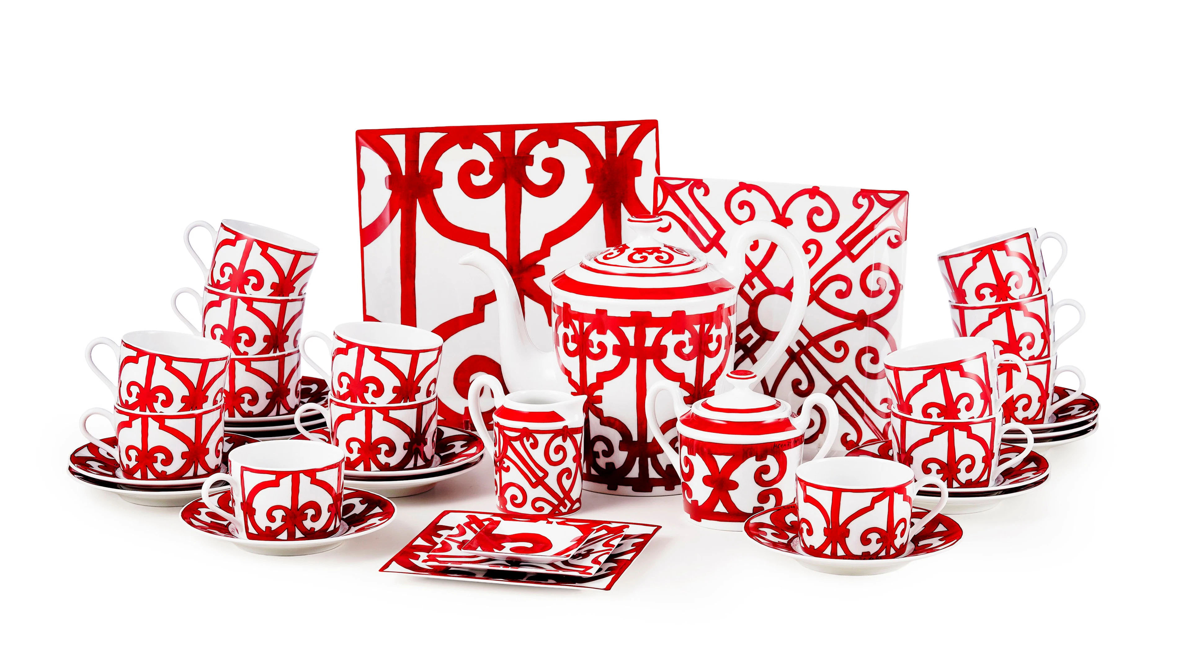 Service à thé en porcelaine, pour Hermès, modèle "Balcon du Quadalqivir"