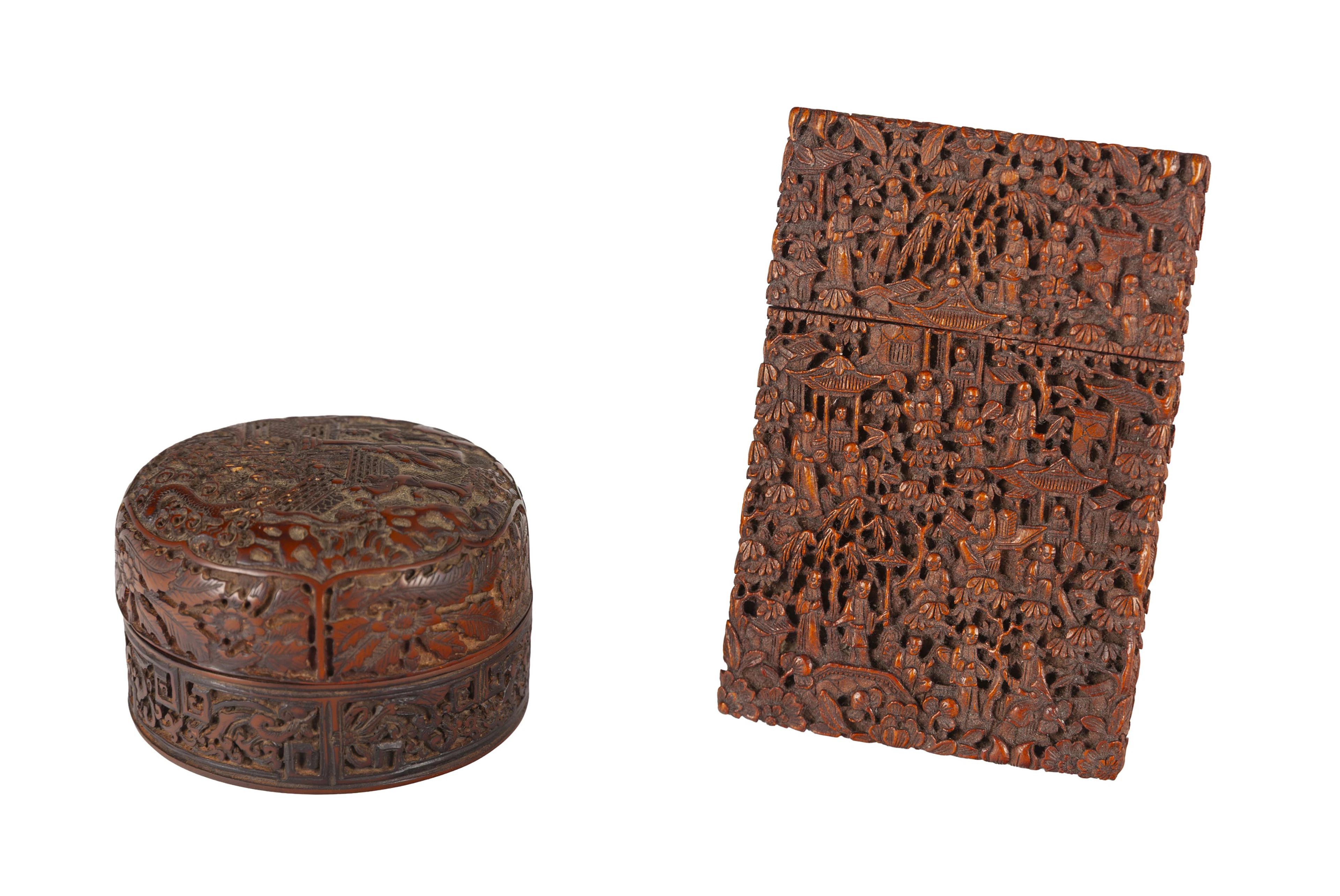Étui à cartes et petite boîte circulaire en bois, Chine, Canton, XIXe