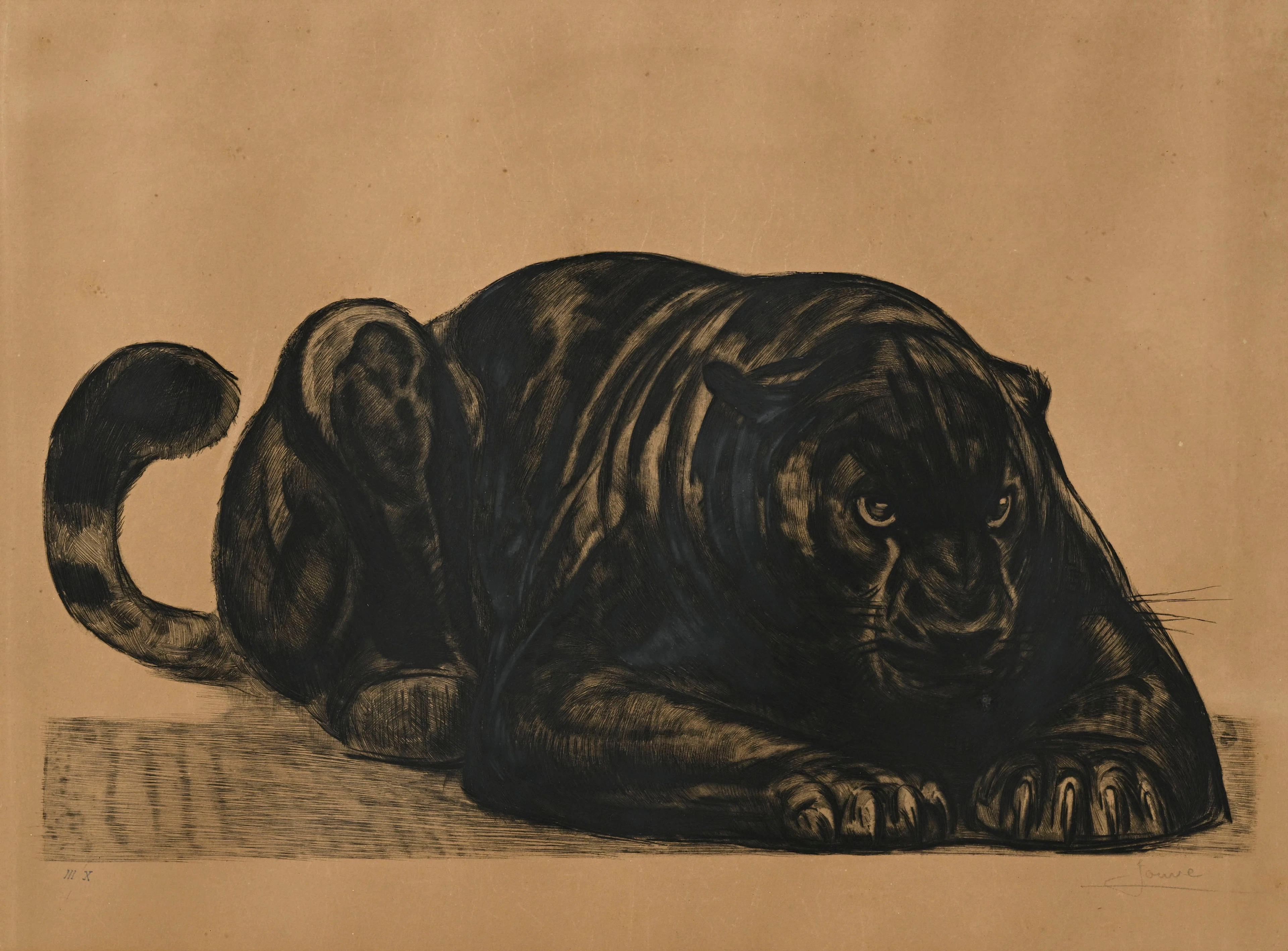 Paul Jouve (1878-1973), d'après, "Panthère noire à l'affut", eau-forte