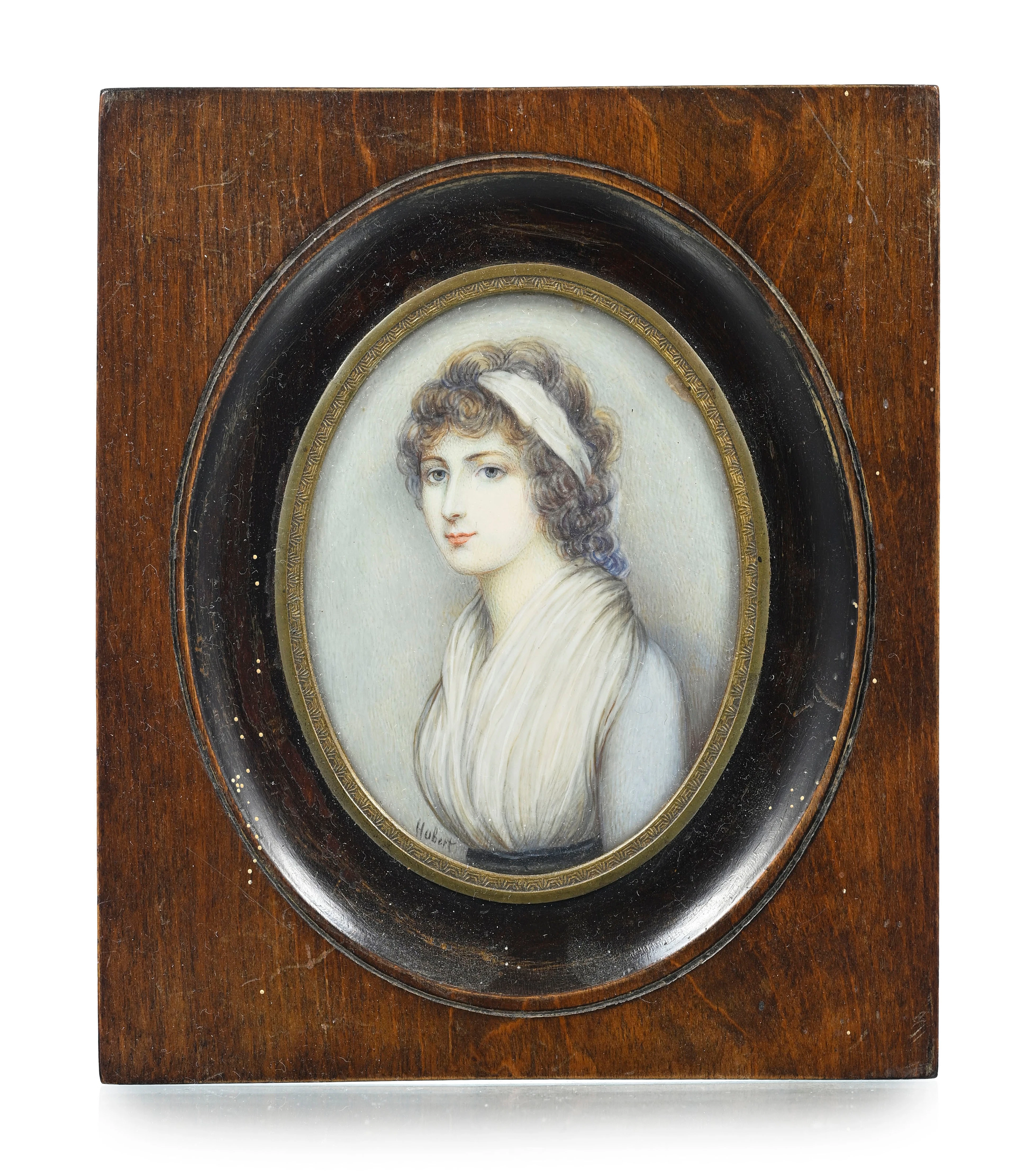 Portrait d'une dame à la robe blanche, miniature sur ivoire, signé