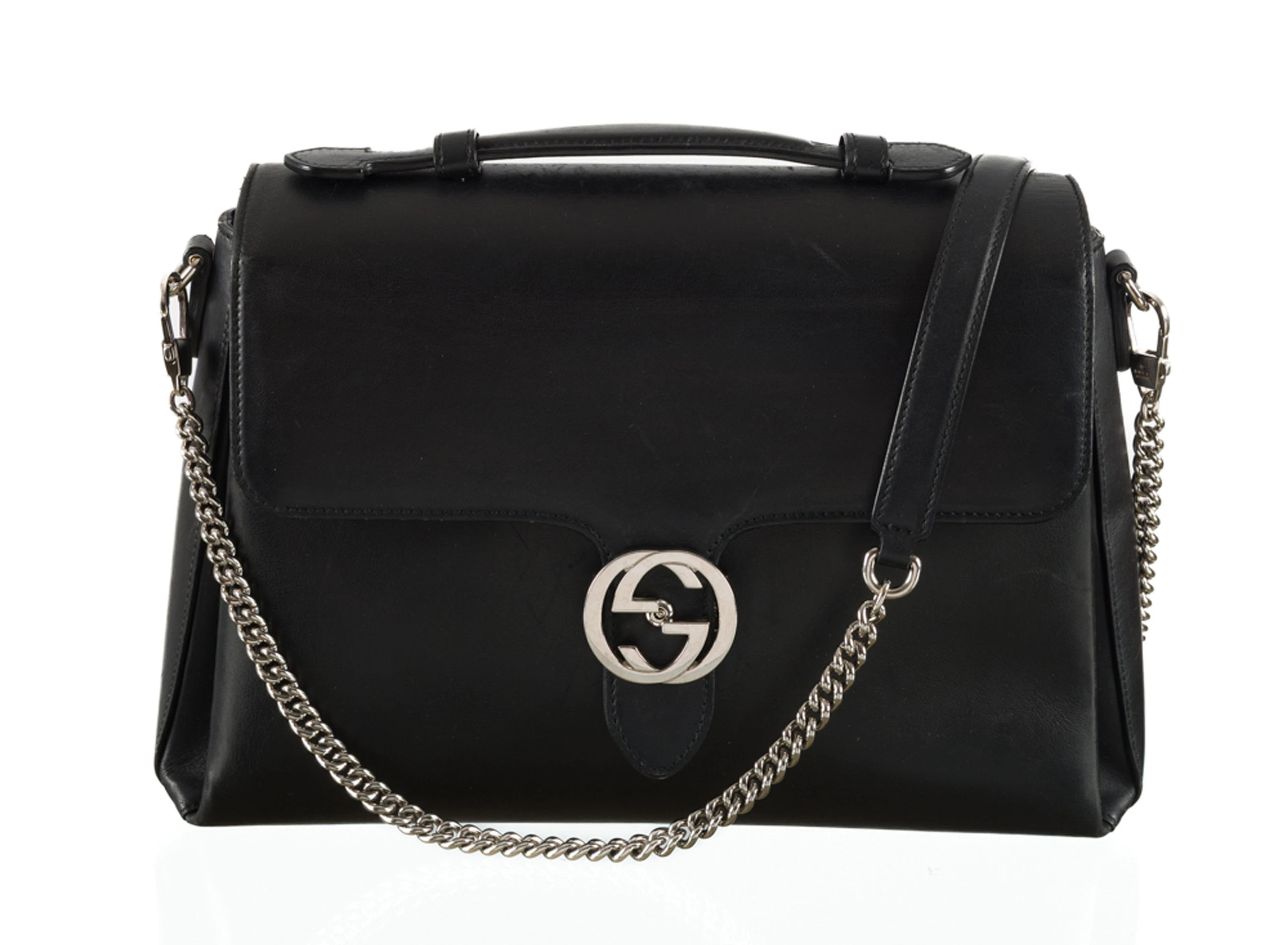 Gucci, sac Interlocking G en cuir cuir noir, poignée sur le dessus