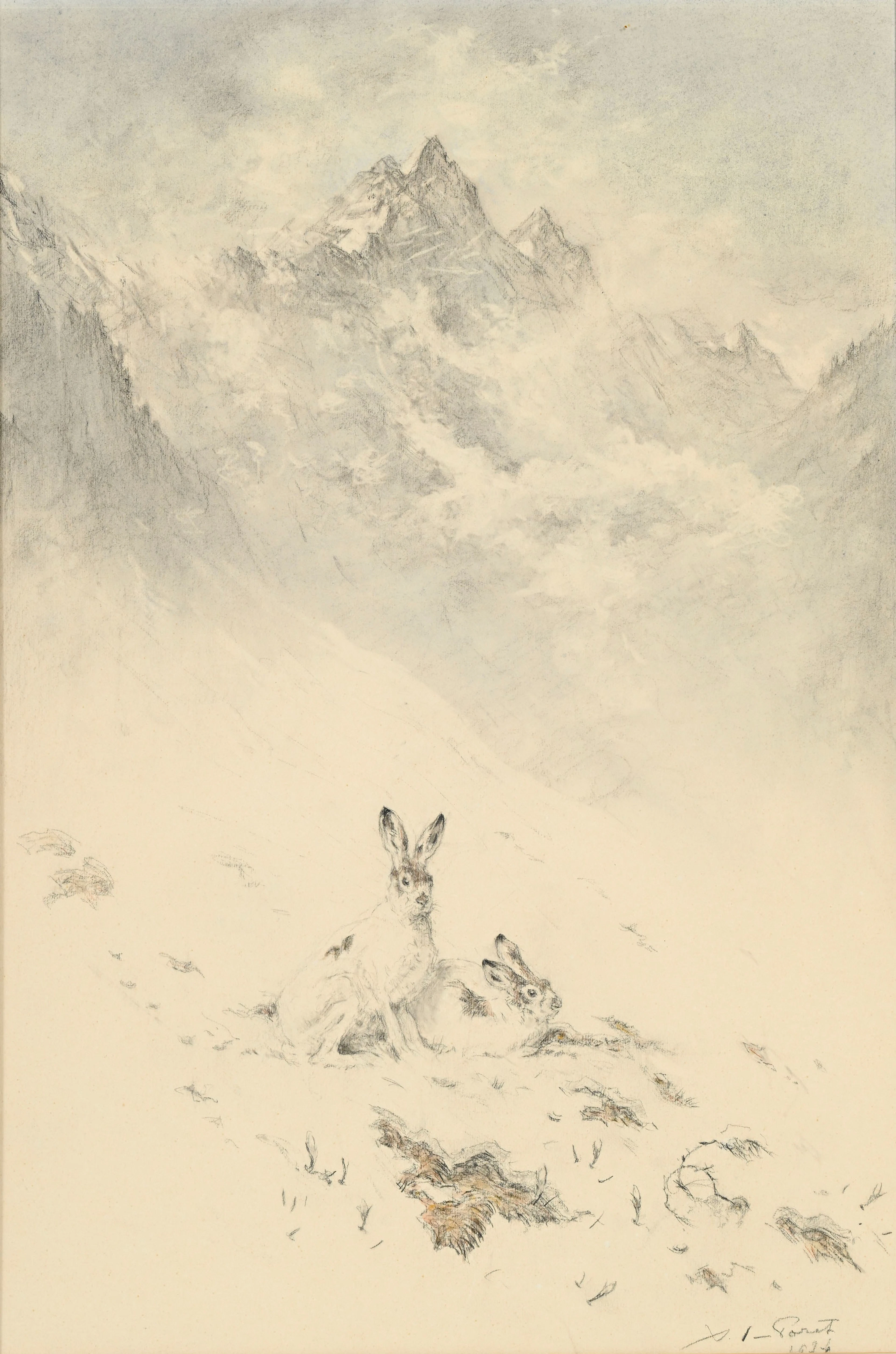 Xavier de Poret (1894-1975), Lièvres dans un paysage alpestre, 1934