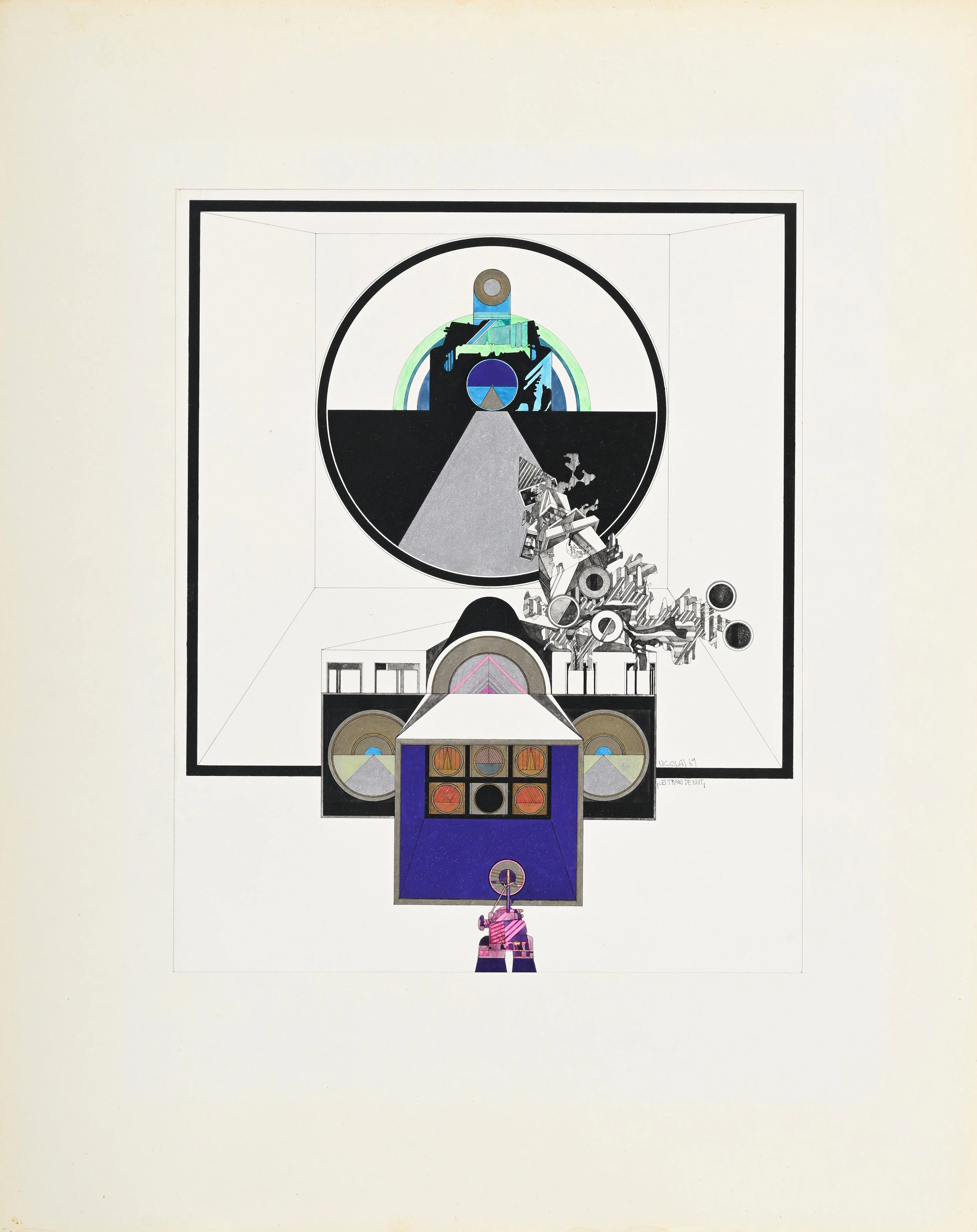 Nicolas (XX), "Les trains de nuit", 1969, technique mixte sur papier