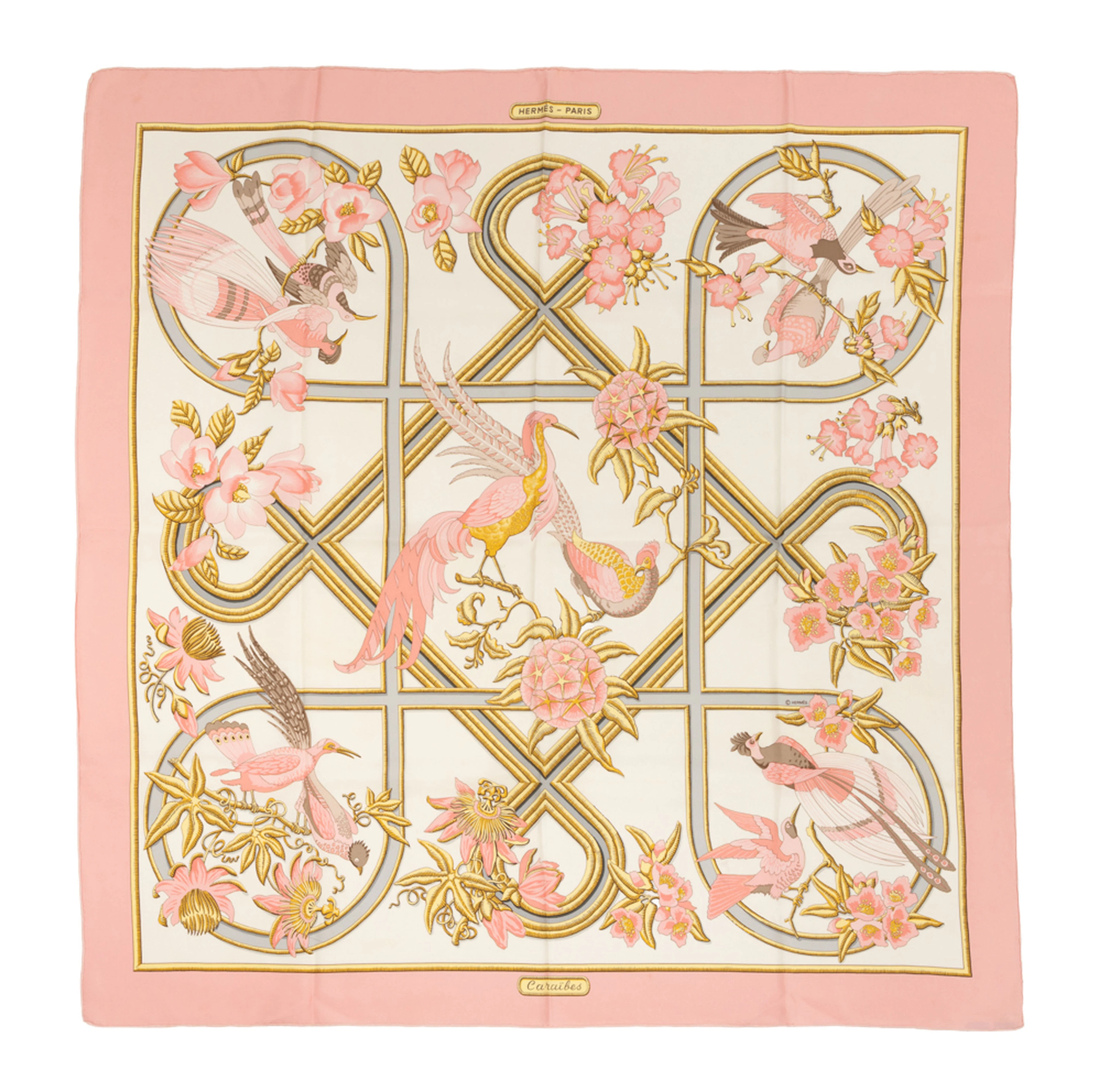 Hermès, carré en twill de soie imprimée: Caraïbes, bord rose bonbon, 90x90 cm