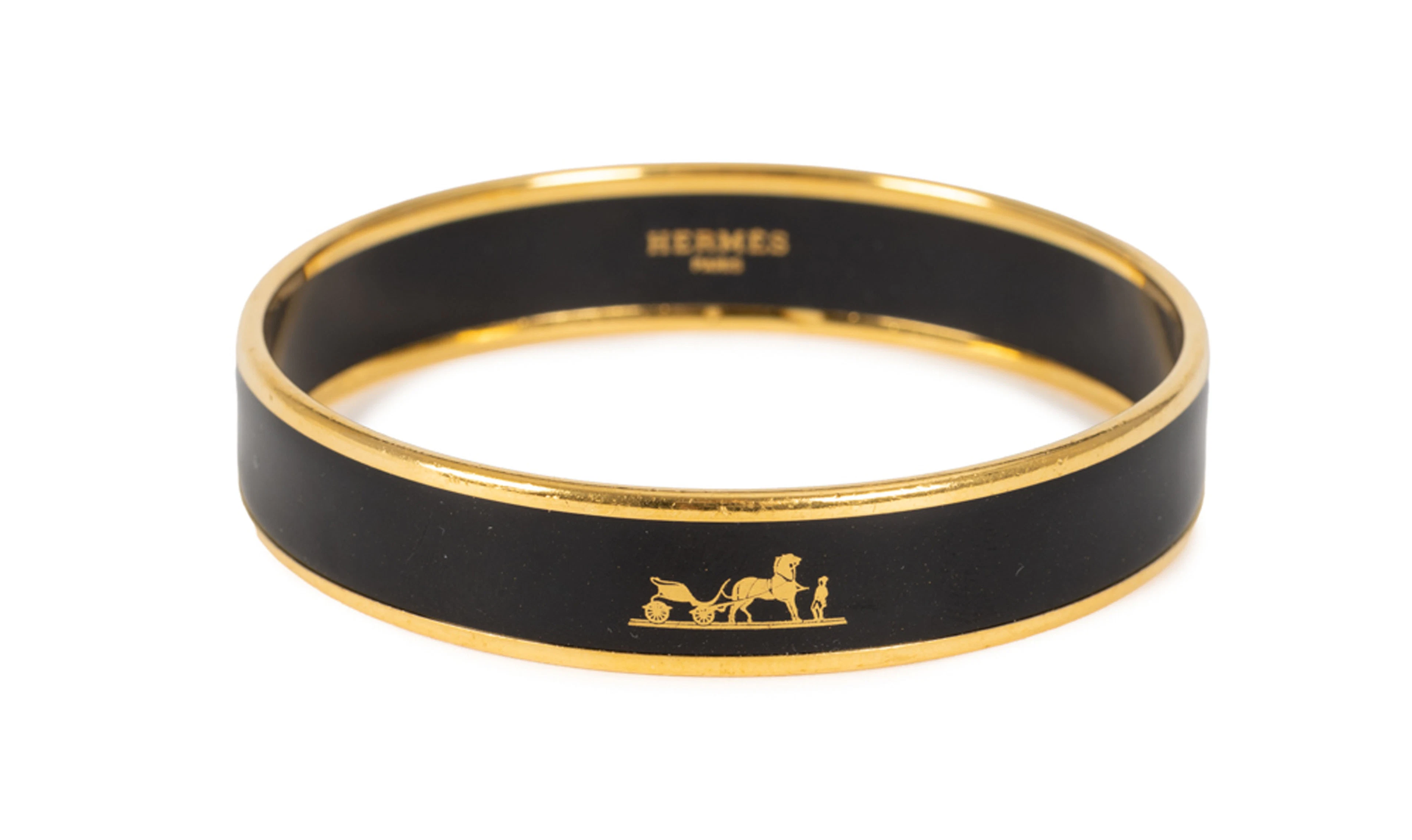 Hermès, bracelet émail noir motif Calèche, made in Austria, taille M