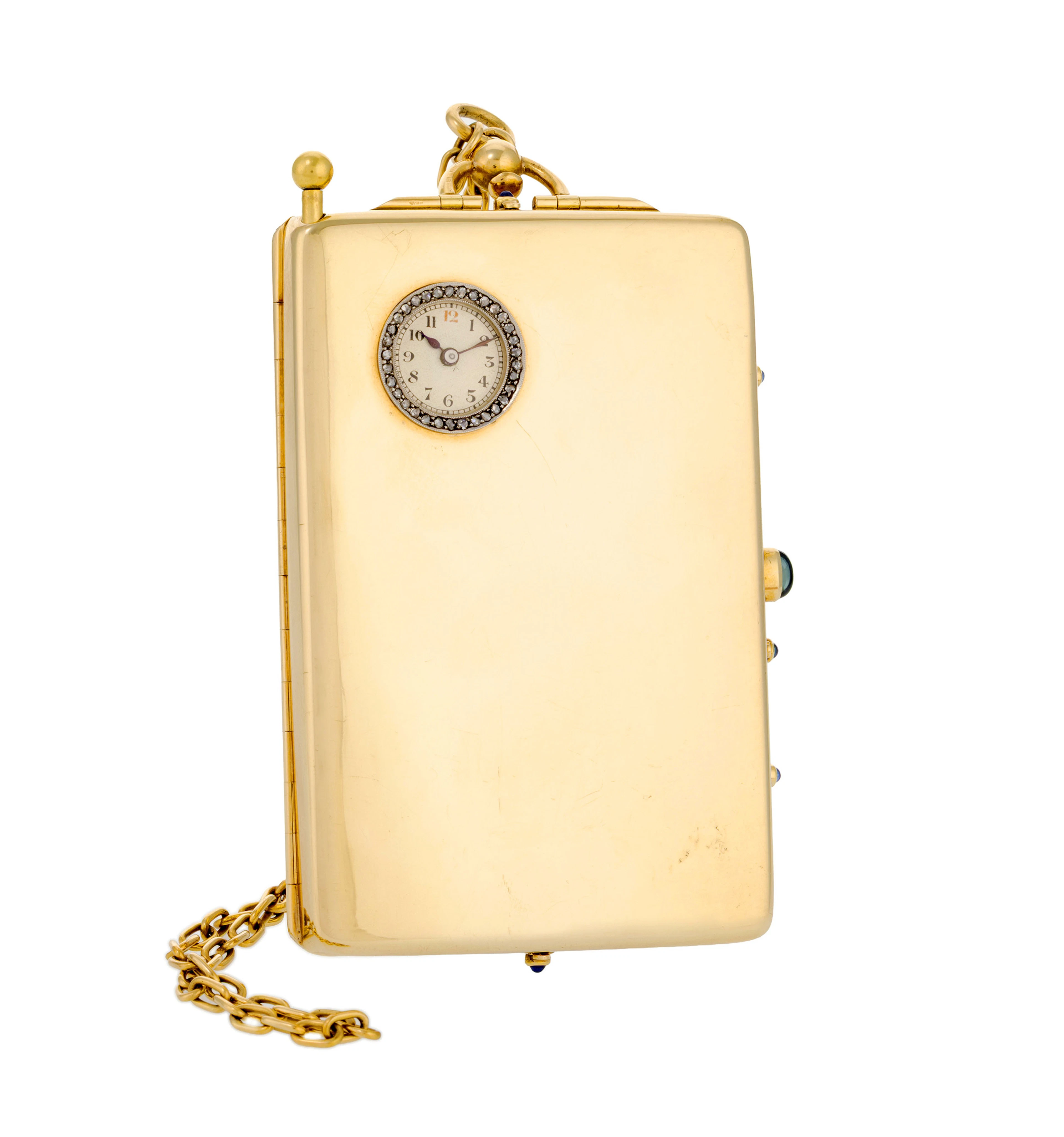 Minaudière en or 585 avec chaînette et porte-mine orné d'un cadran