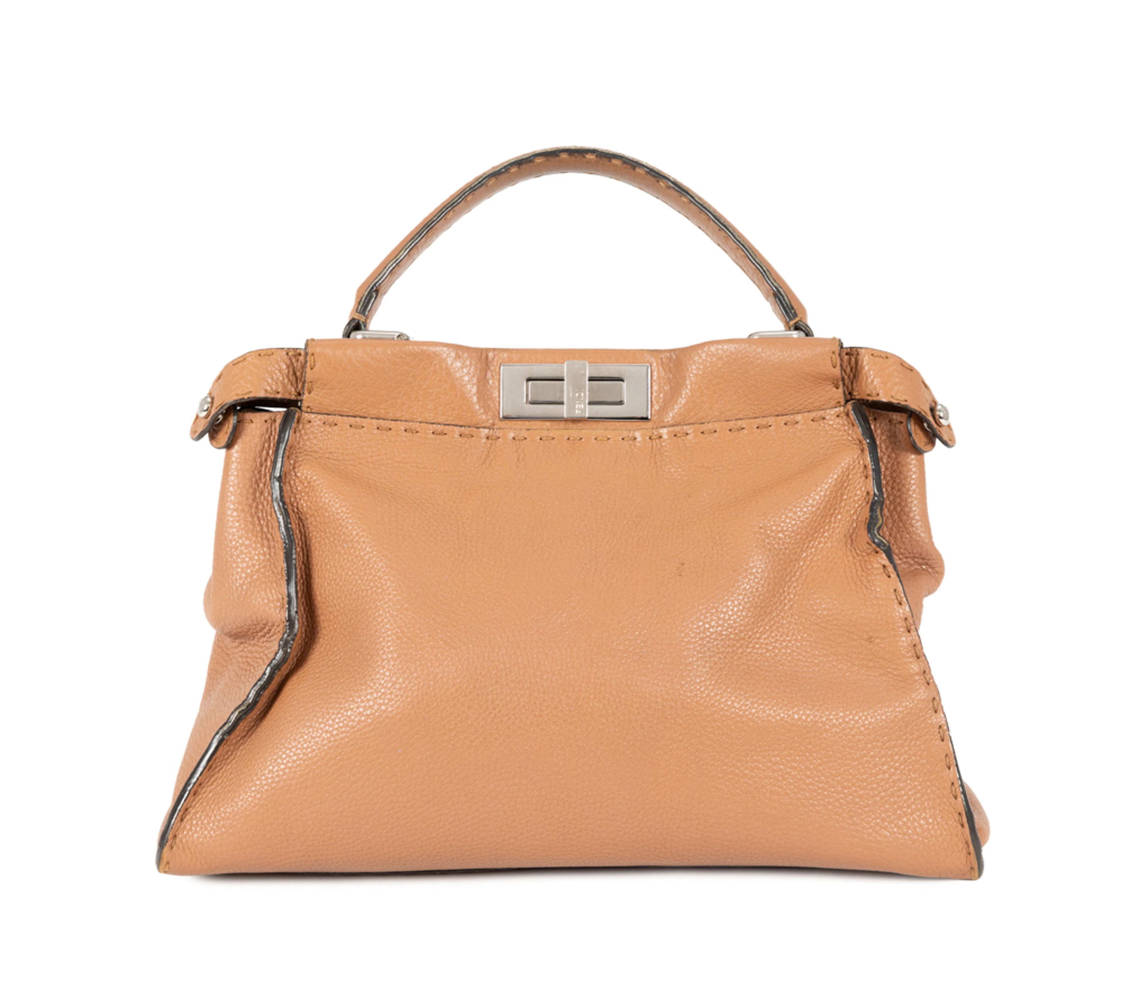 Fendi, sac Peekaboo Selleria en cuir grainé camel, surpiqûres contrastées