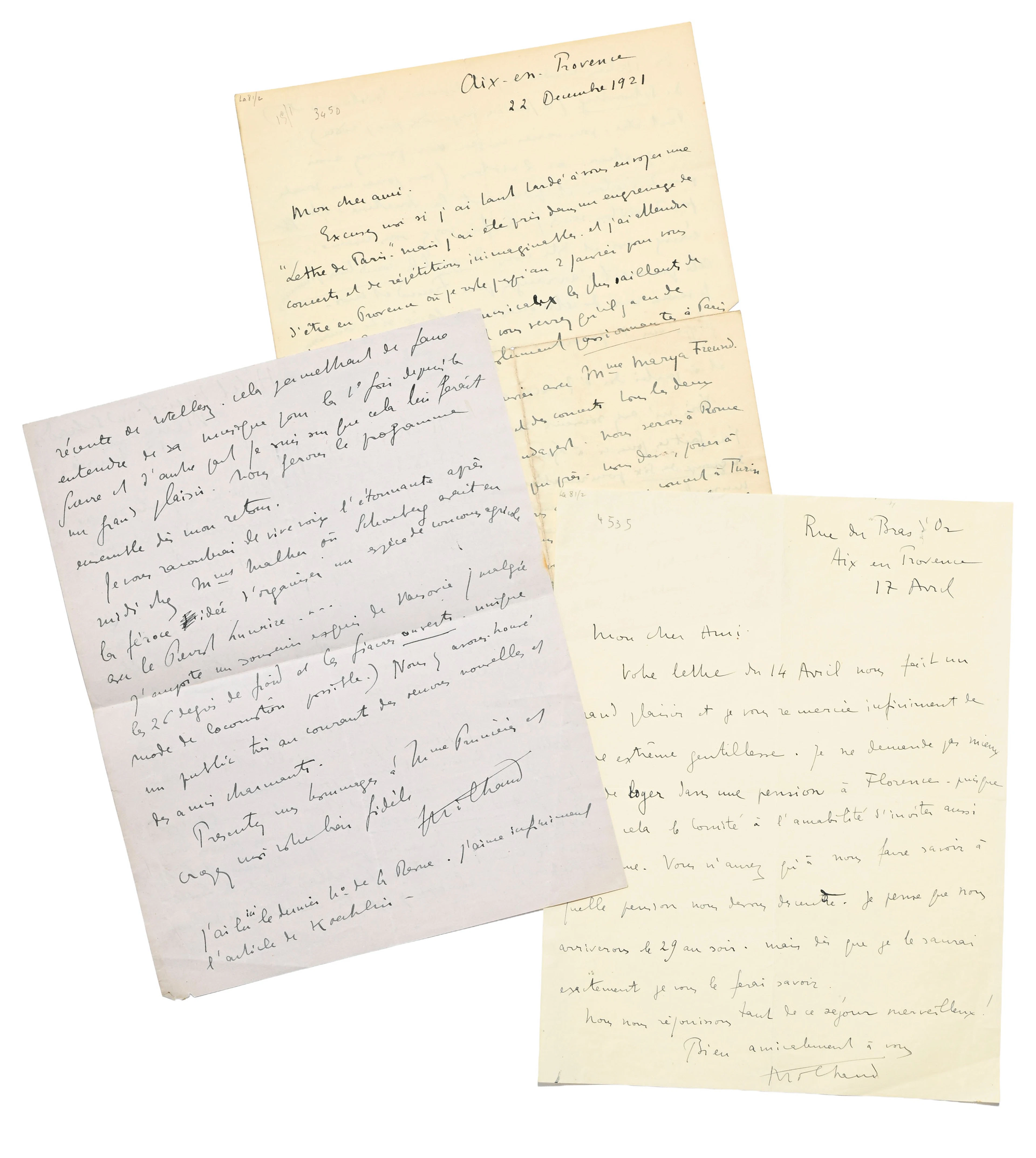 MILHAUD (Darius). Ensemble de 3 lettre autographes signées, 5 pp.