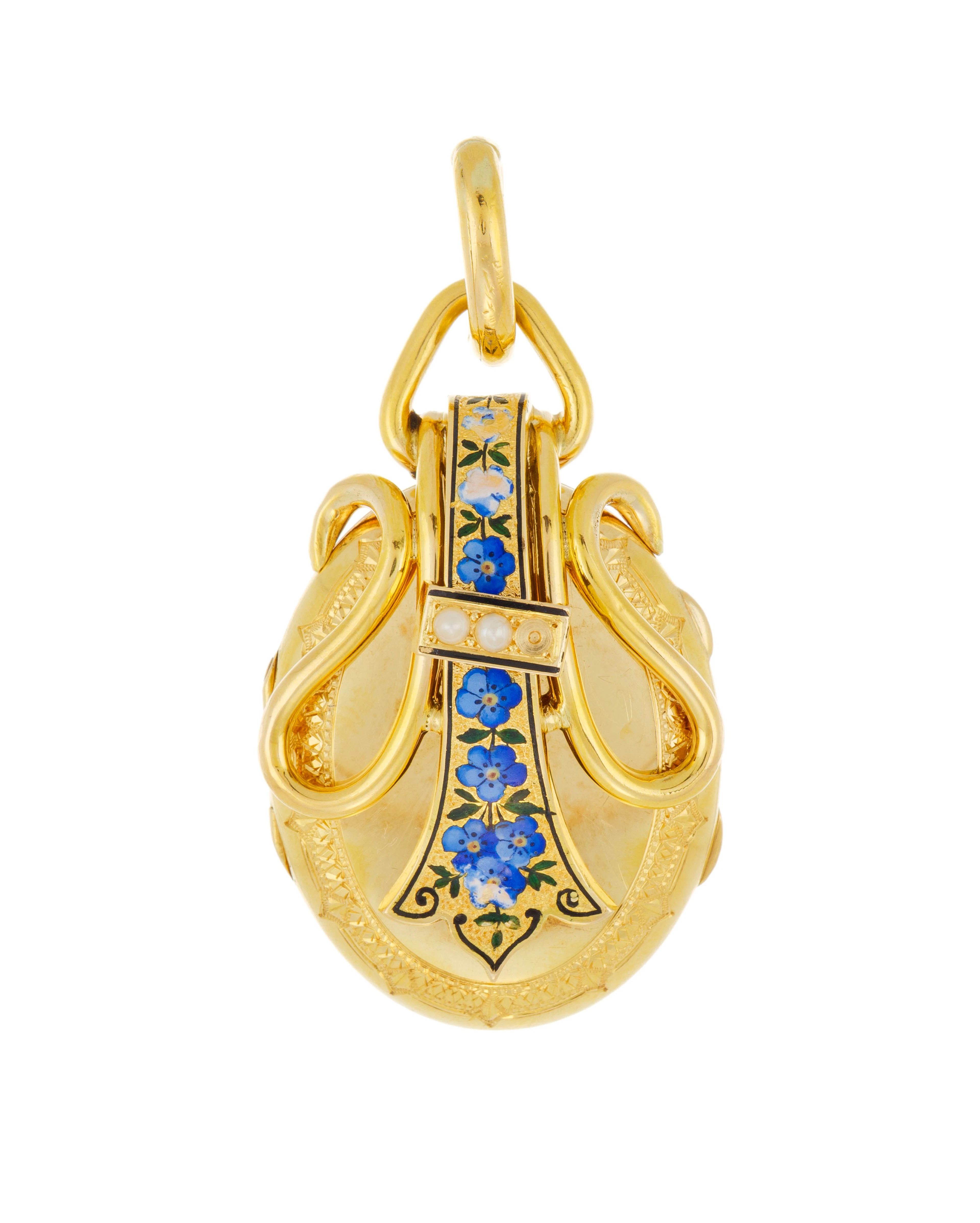 Médaillon XIXe s., or 750 gravé et à motif floral émaillé et orné