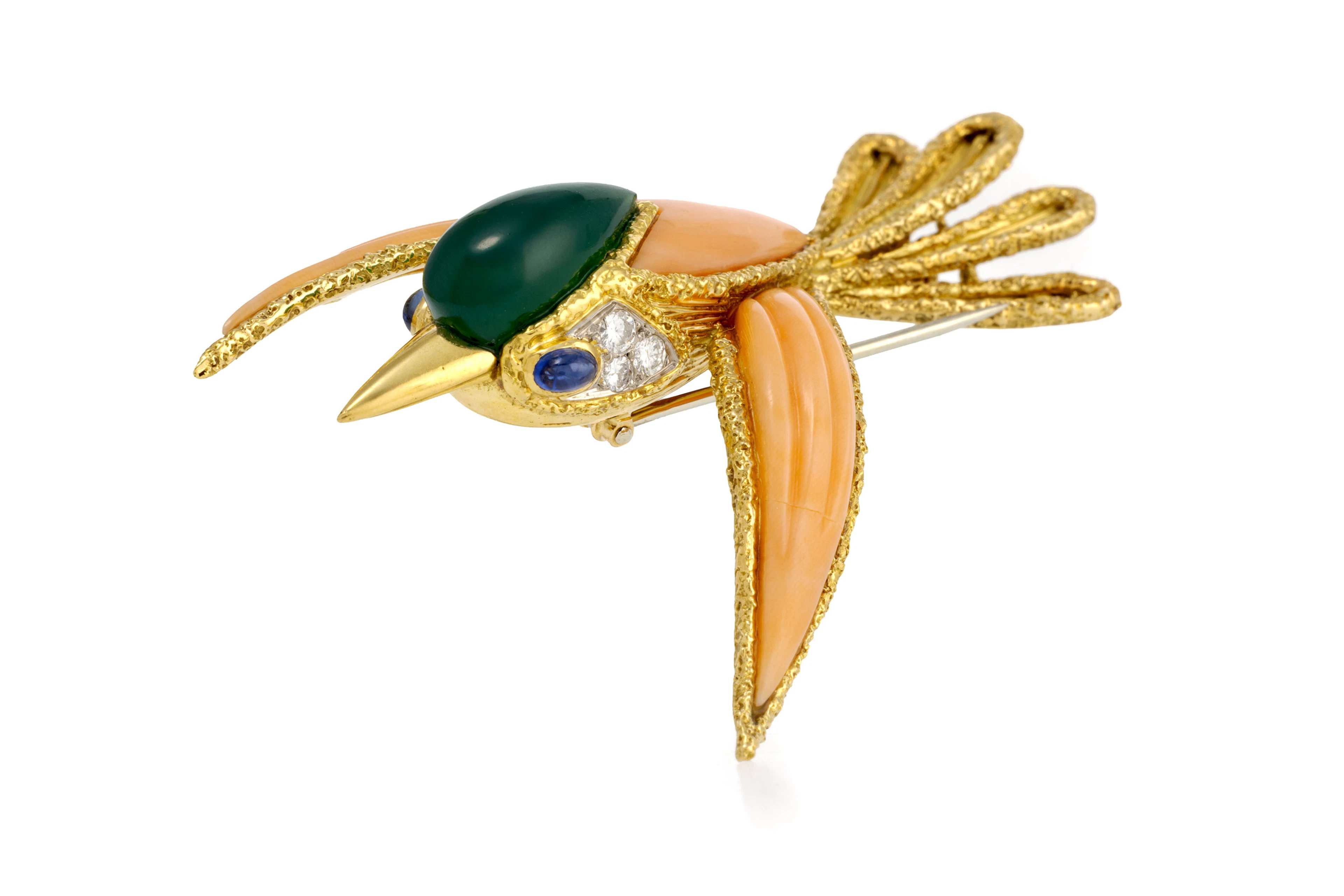 Patek Philippe, broche oiseau années 1960-70 or 750 texturé et corail