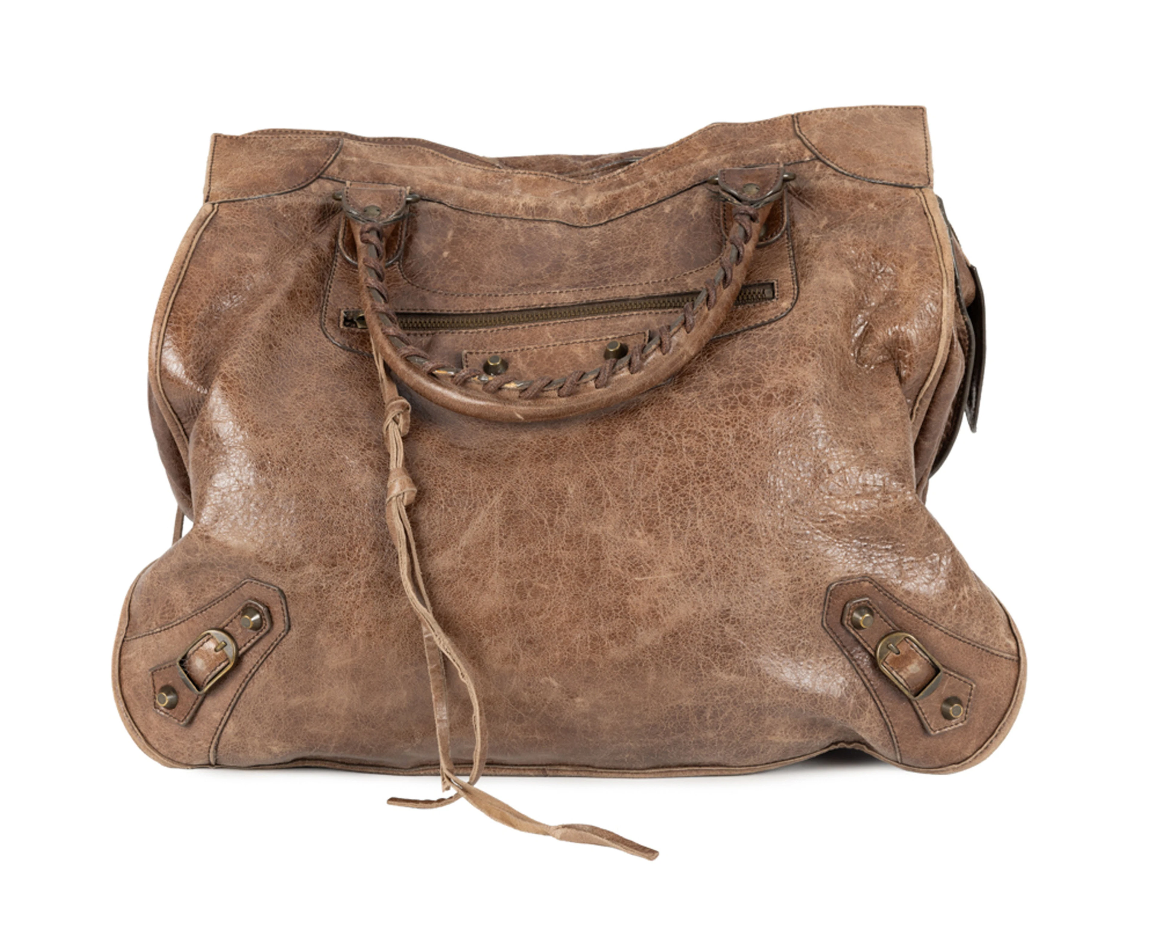 Balenciaga, sac Work en cuir brun vieilli, doubles anses tressées