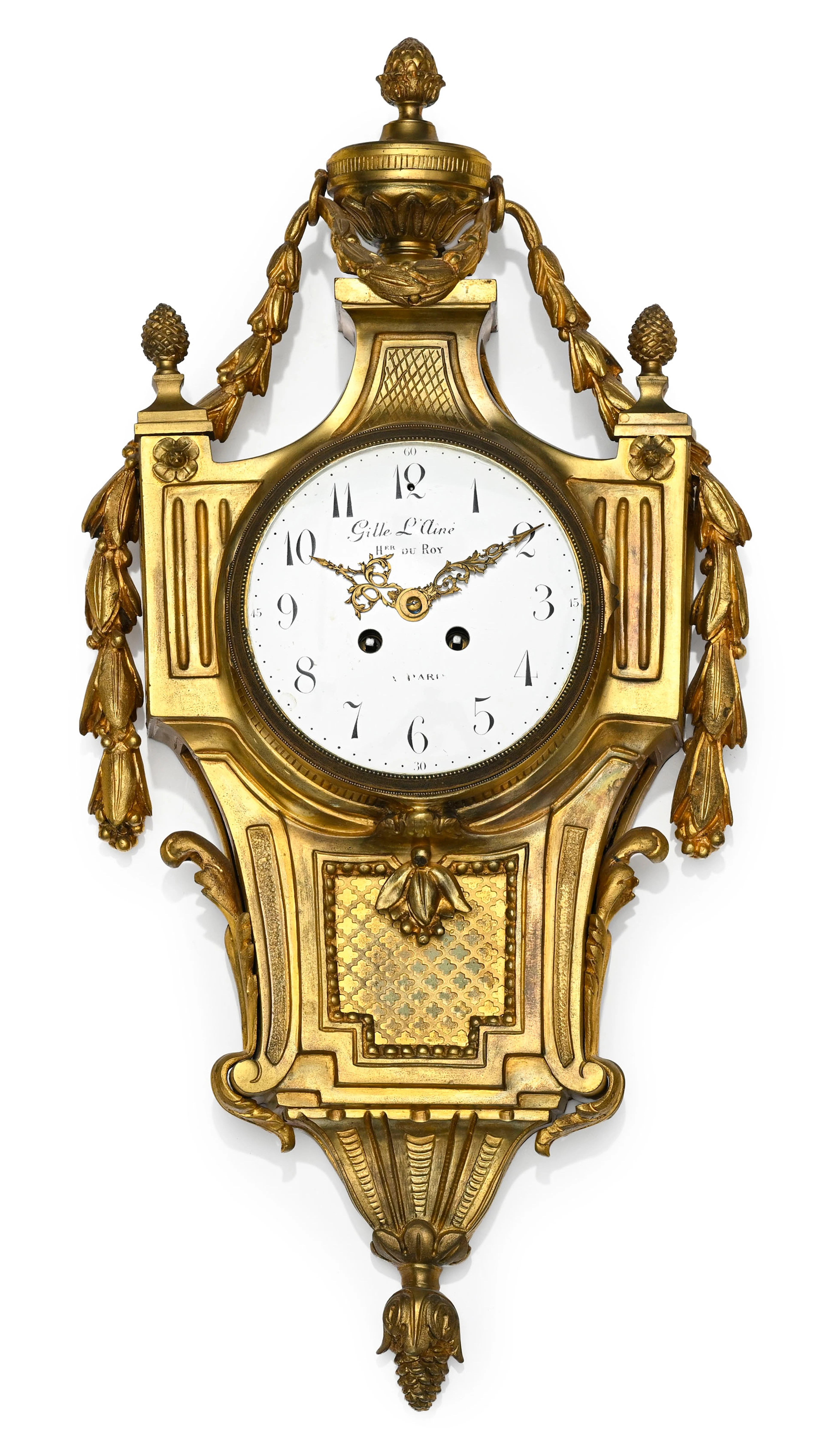 Cartel d'applique, fin d'époque Louis XVI, en bronze doré à cadran