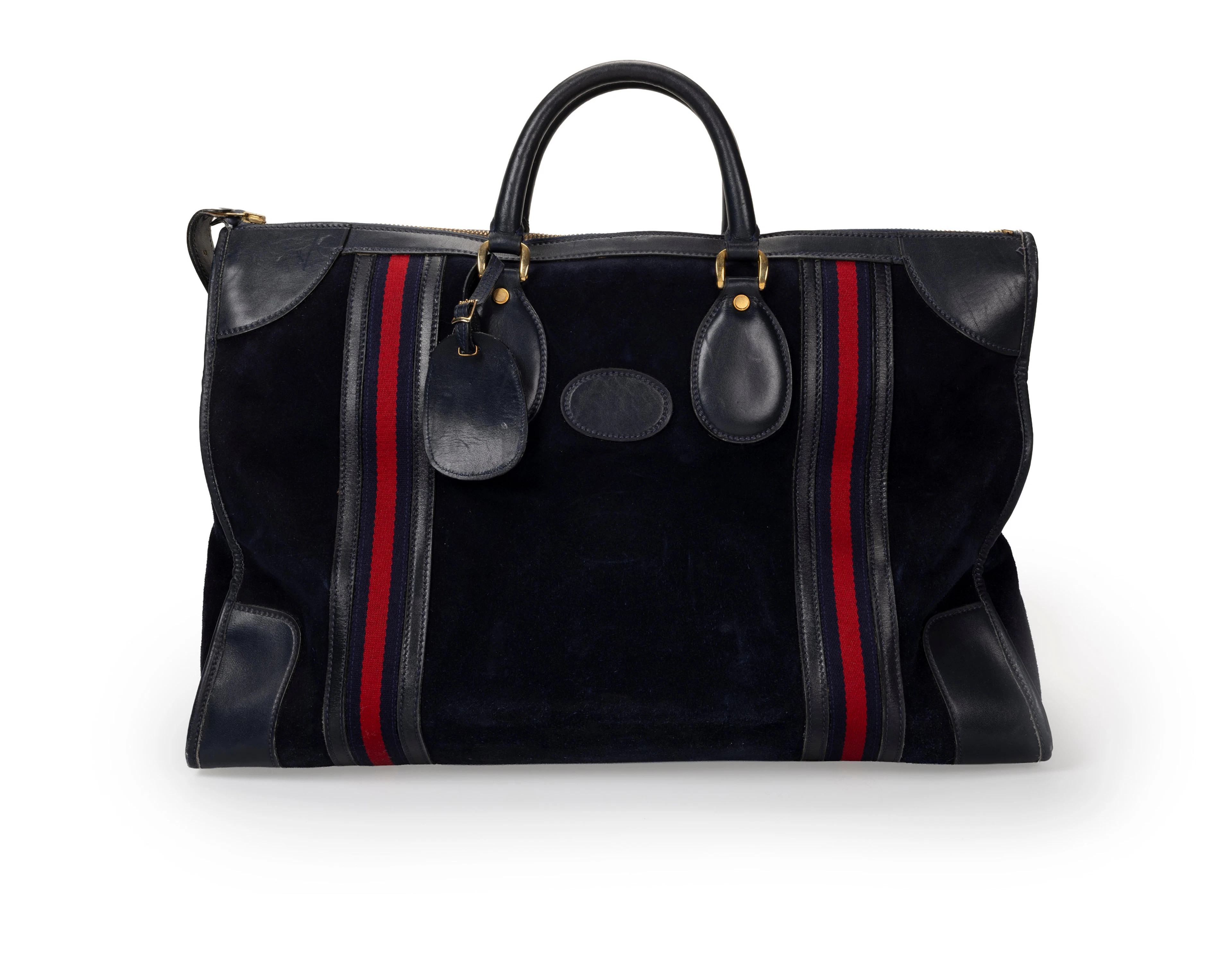 Gucci, sac Weekend vintage en daim et cuir bleu marine appliqué de