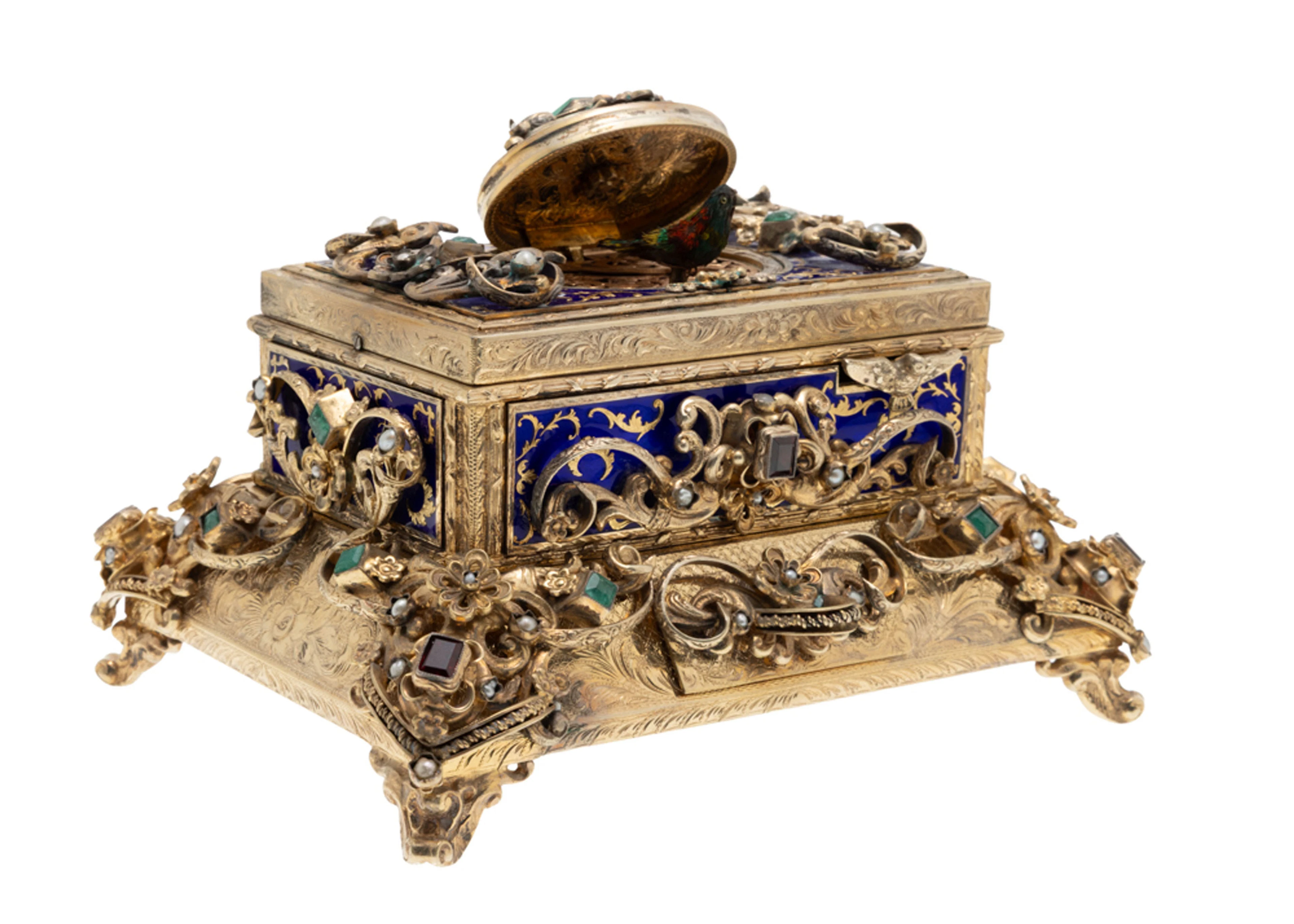 Boîte à oiseau chanteur en vermeil ciselé à riche décor de rinceaux