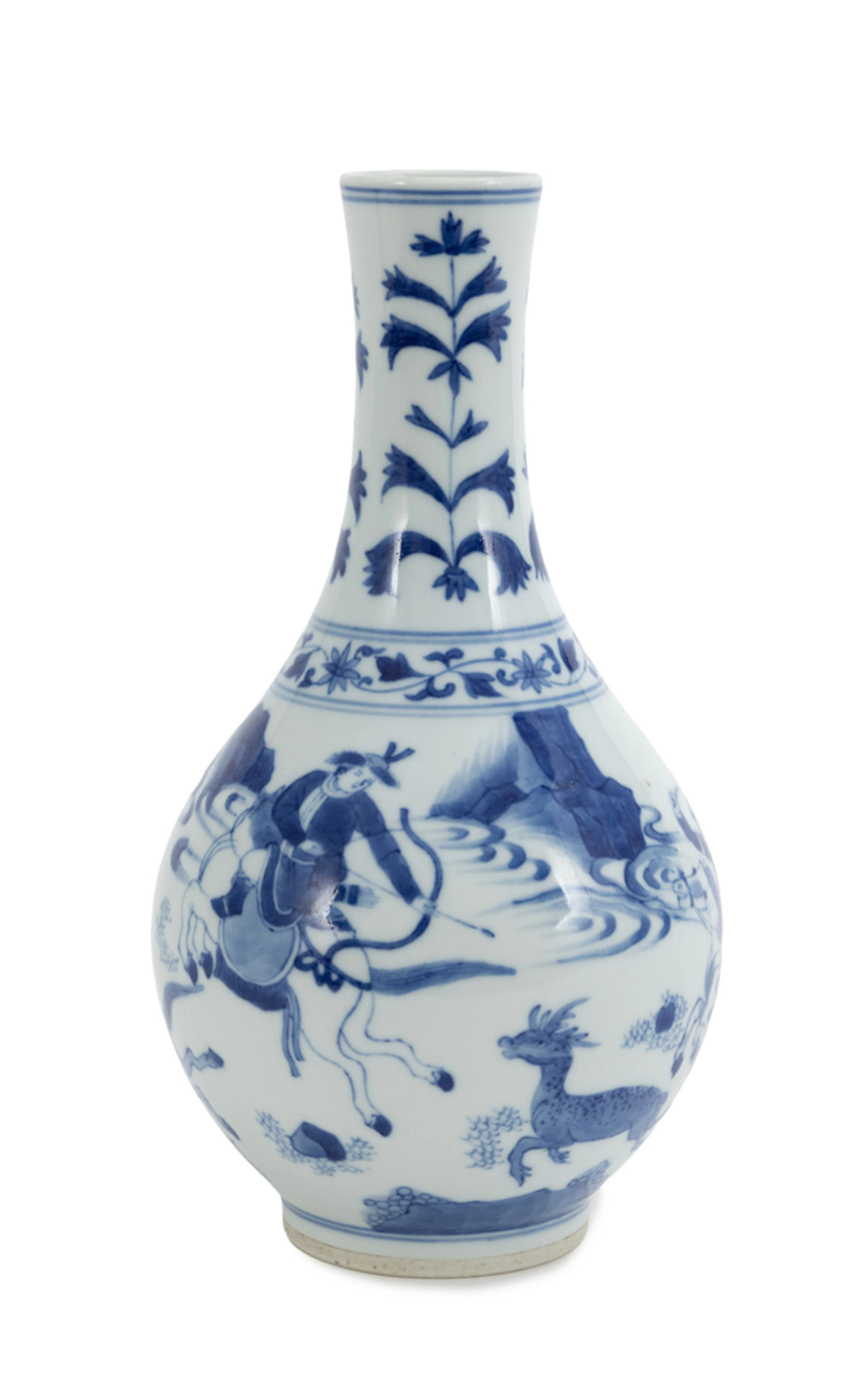Vase en porcelaine, Chine, XIX-XXe s., décor en bleu de scène de chasse