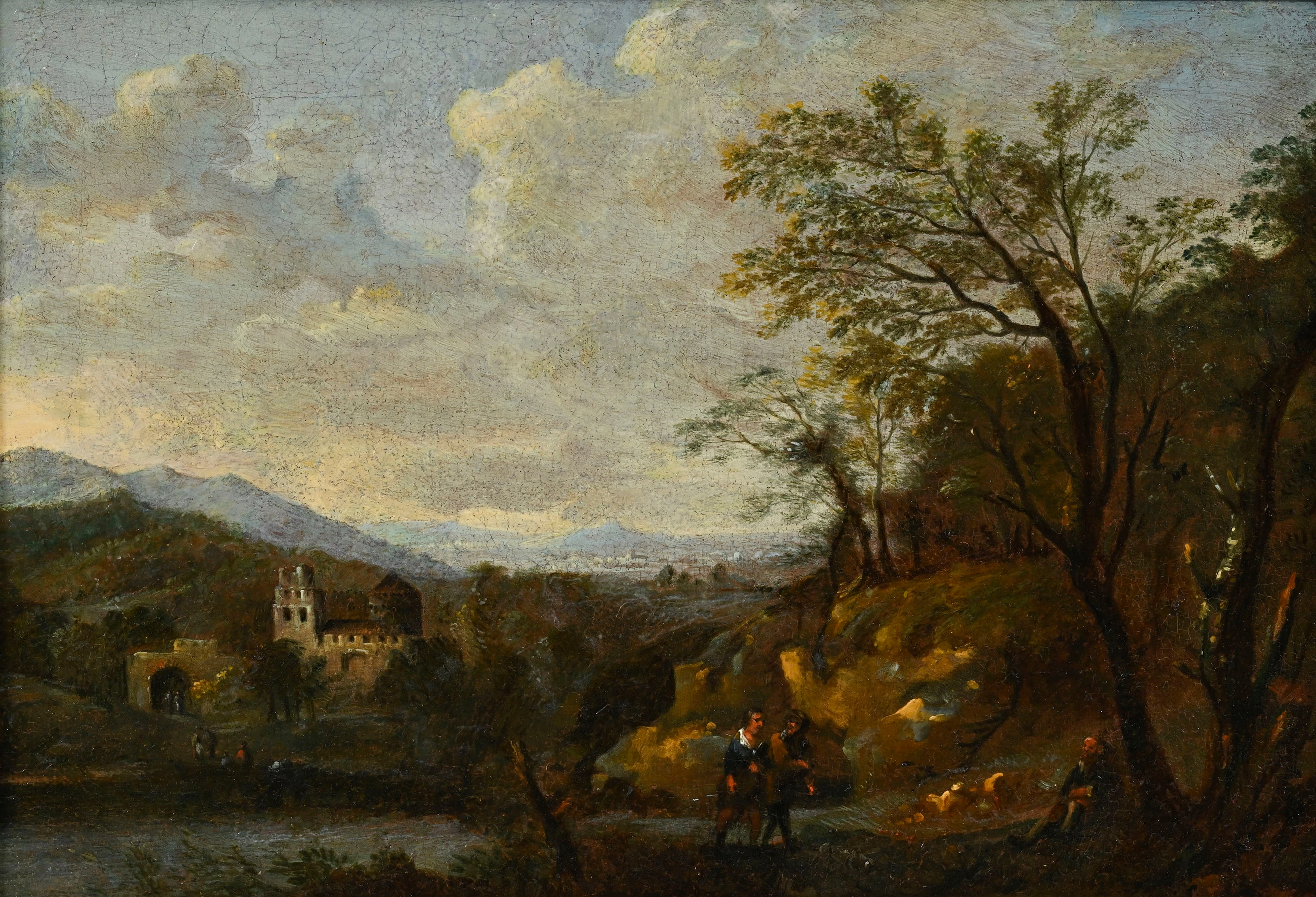 Gaspard Dughet (1615-1675), attribué à, Vue d'un fort animée, huile