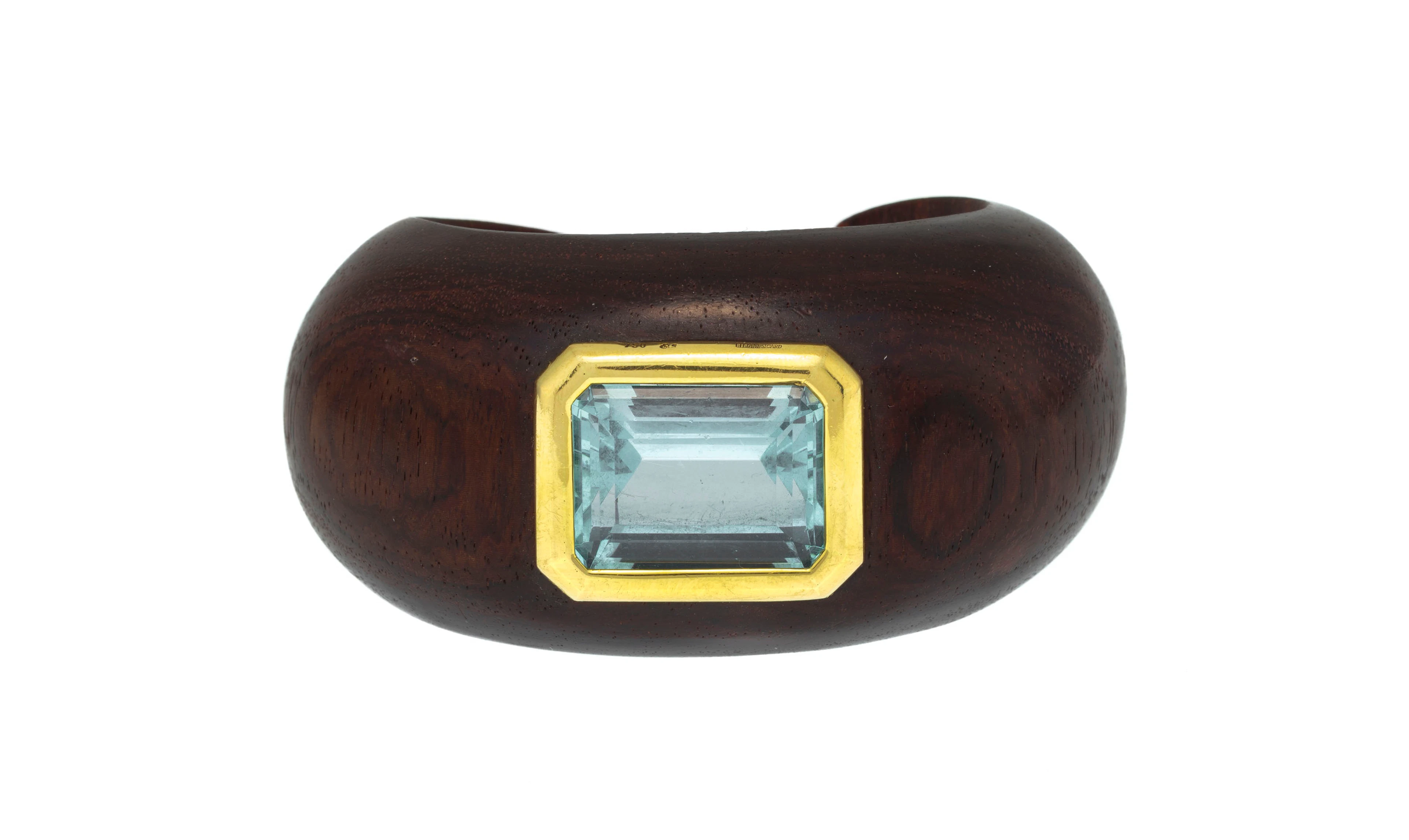 Liliane Sicard, bracelet manchette en bois et or 750 serti d'une aigue-marine