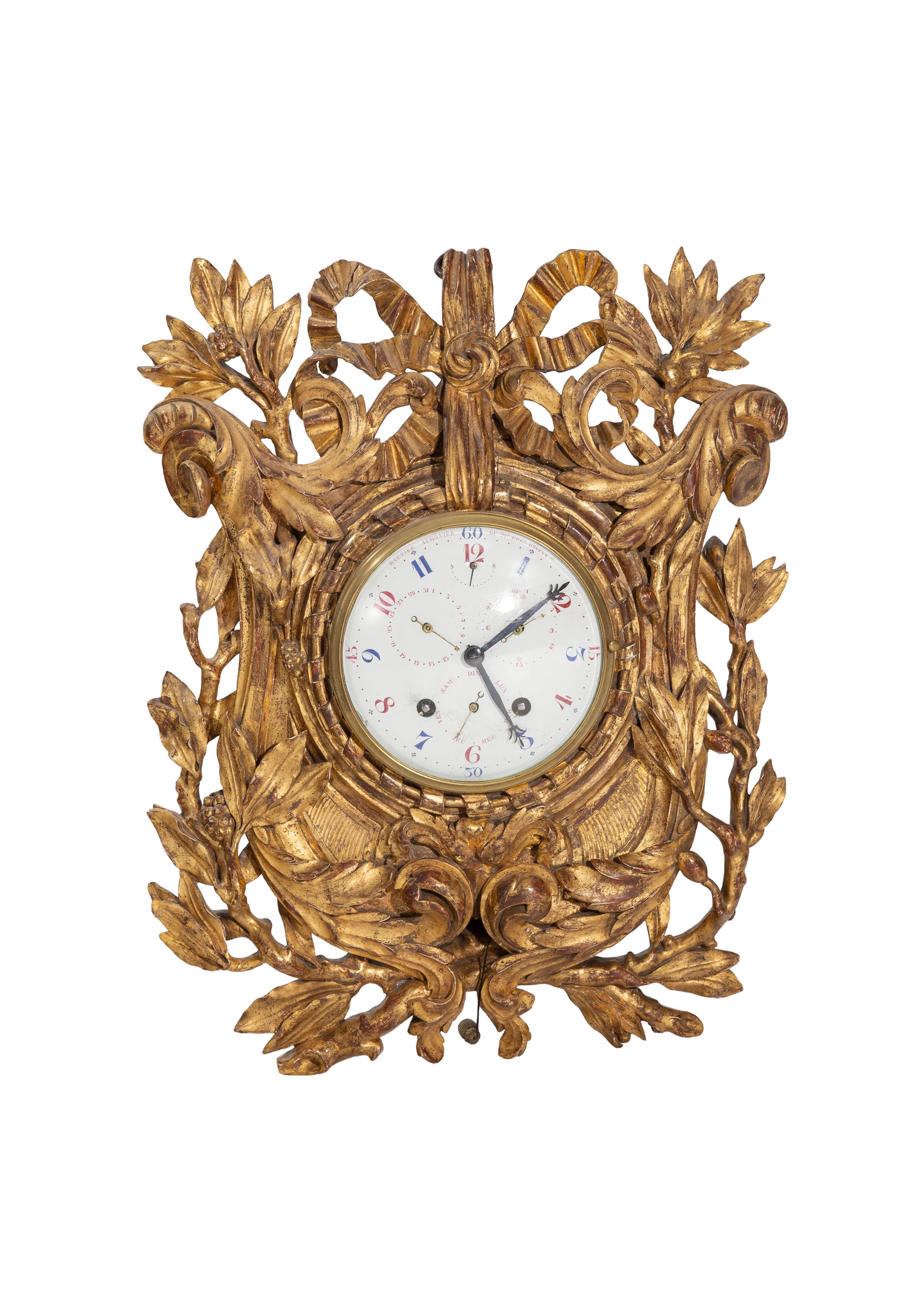 Cartel d'applique d'époque Louis XVI, en bois sculpté et doré à décor