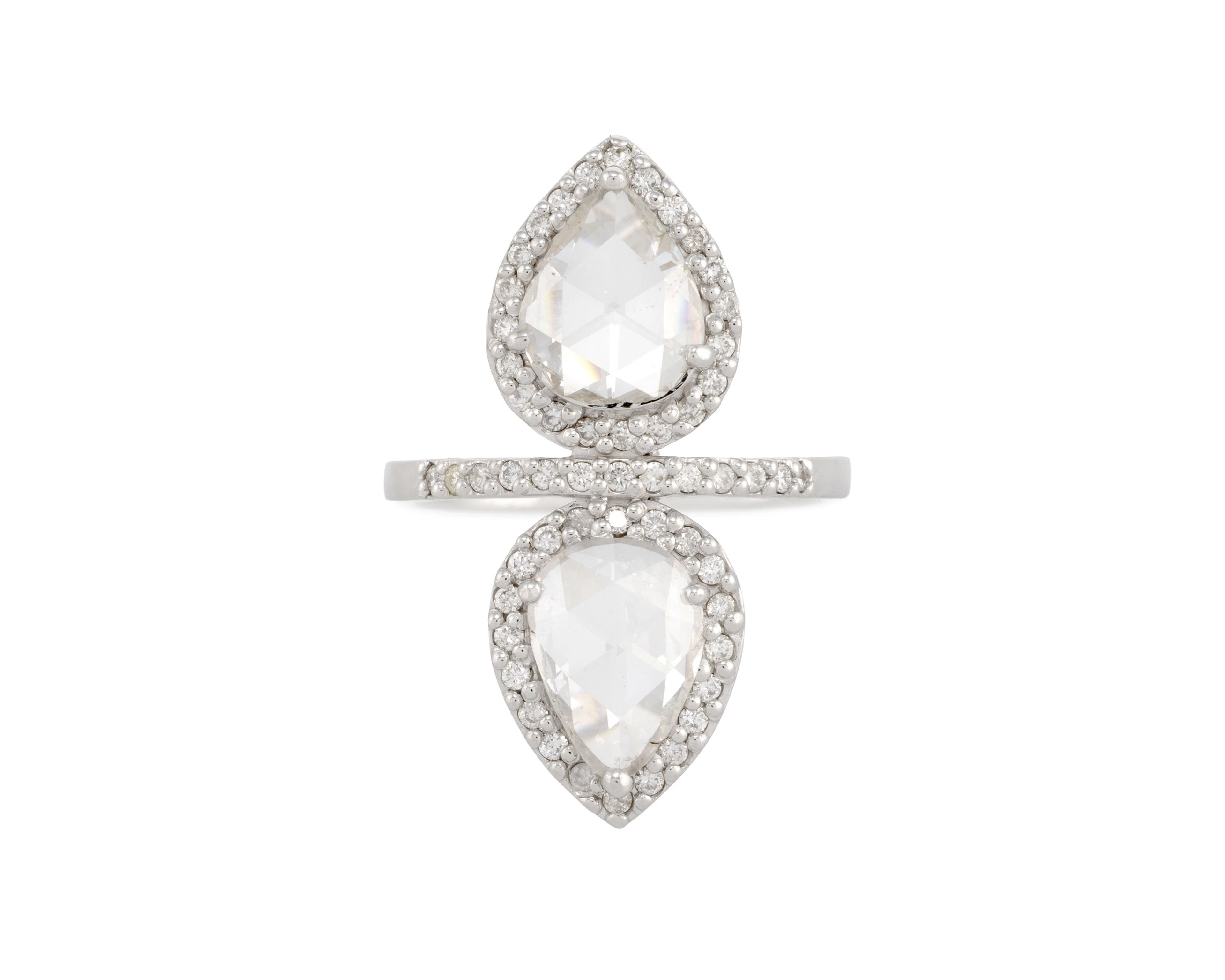 Bague Toi & Moi or gris 750 sertie de 2 diamants taille rose en goutte