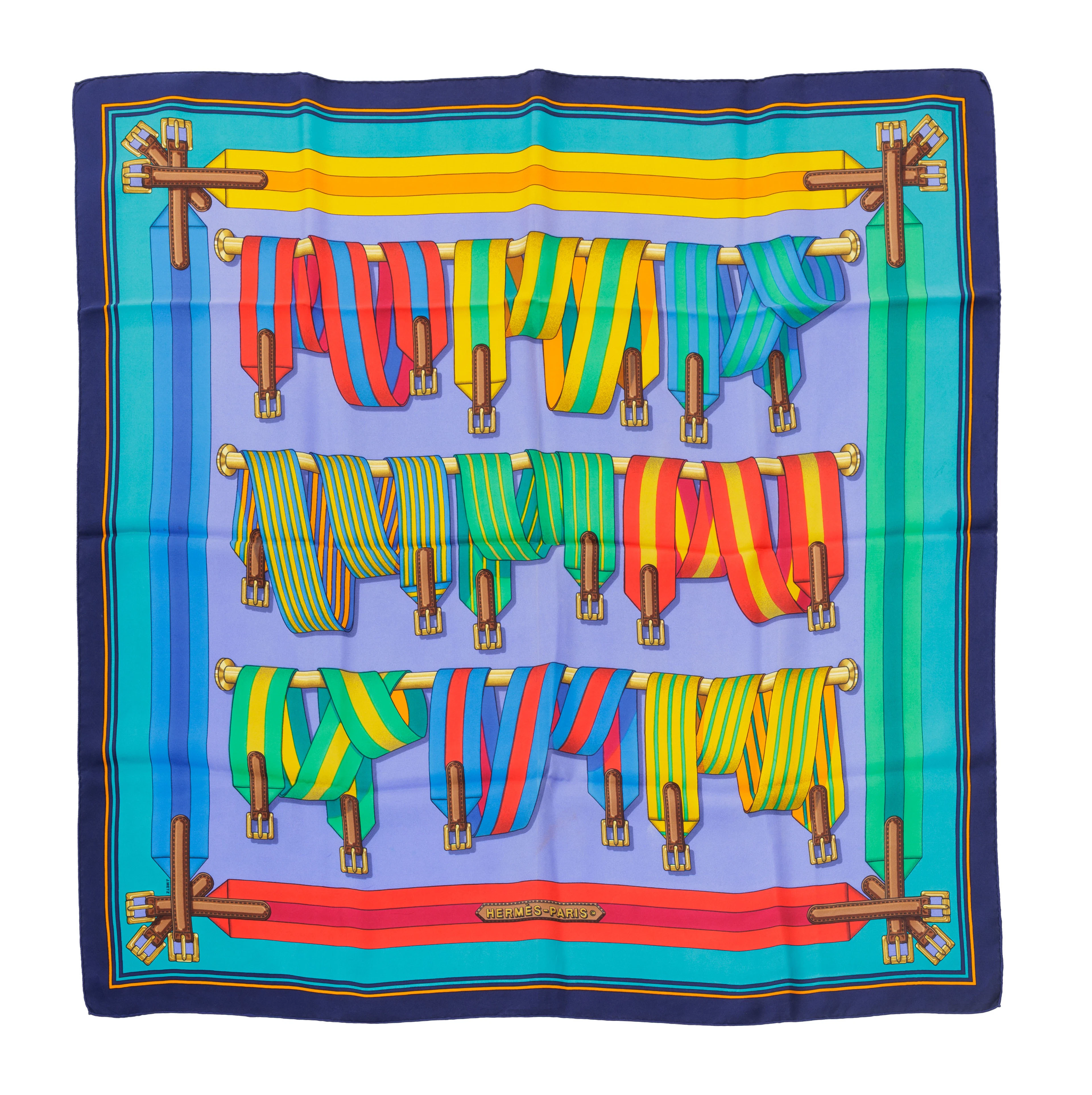 Hermès, carré en twill se soie imprimé: Sangles, bord bleu marine, 90x90 cm