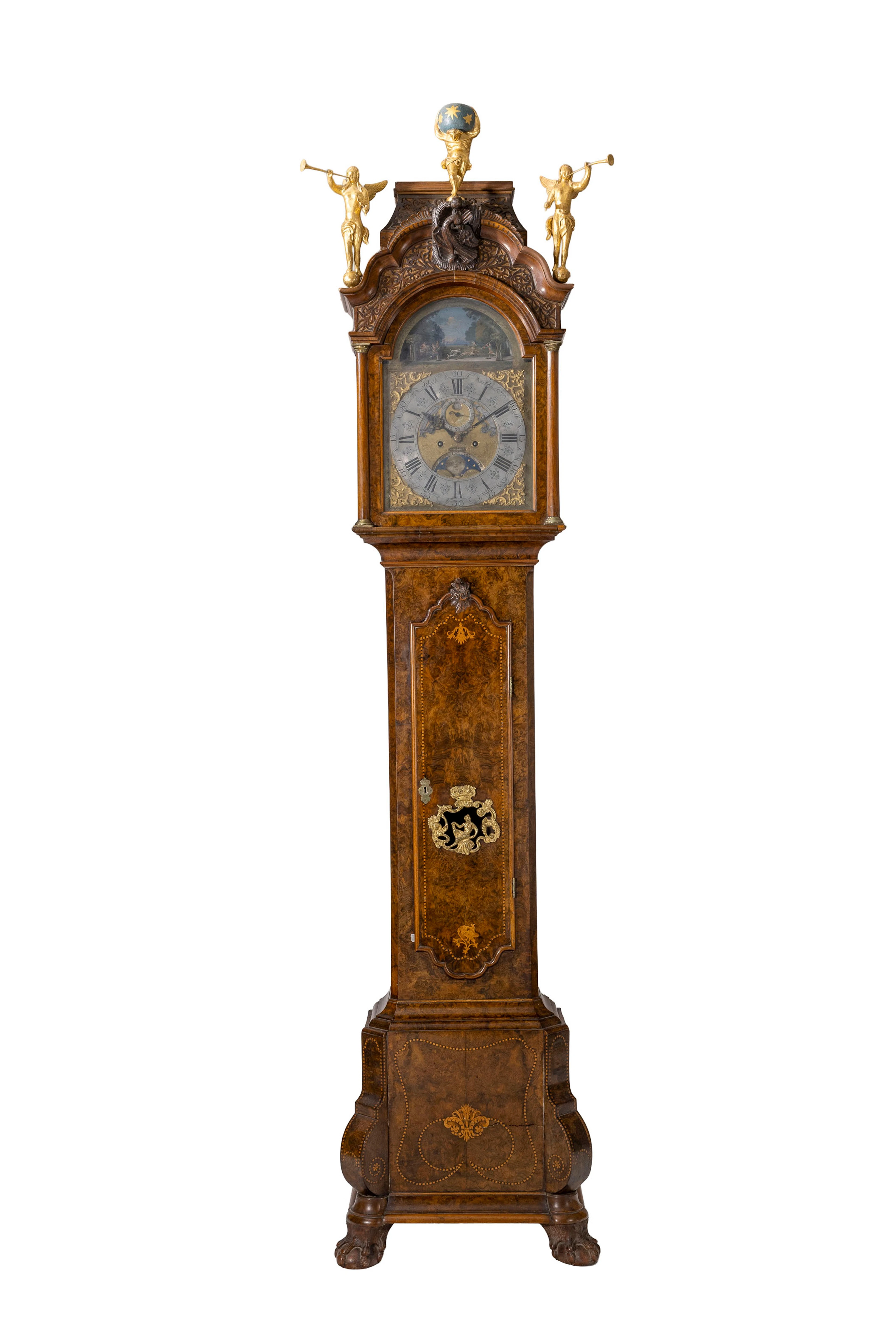 Pendule de parquet, Hollande, XVIIIe s., en placage de loupe de noyer