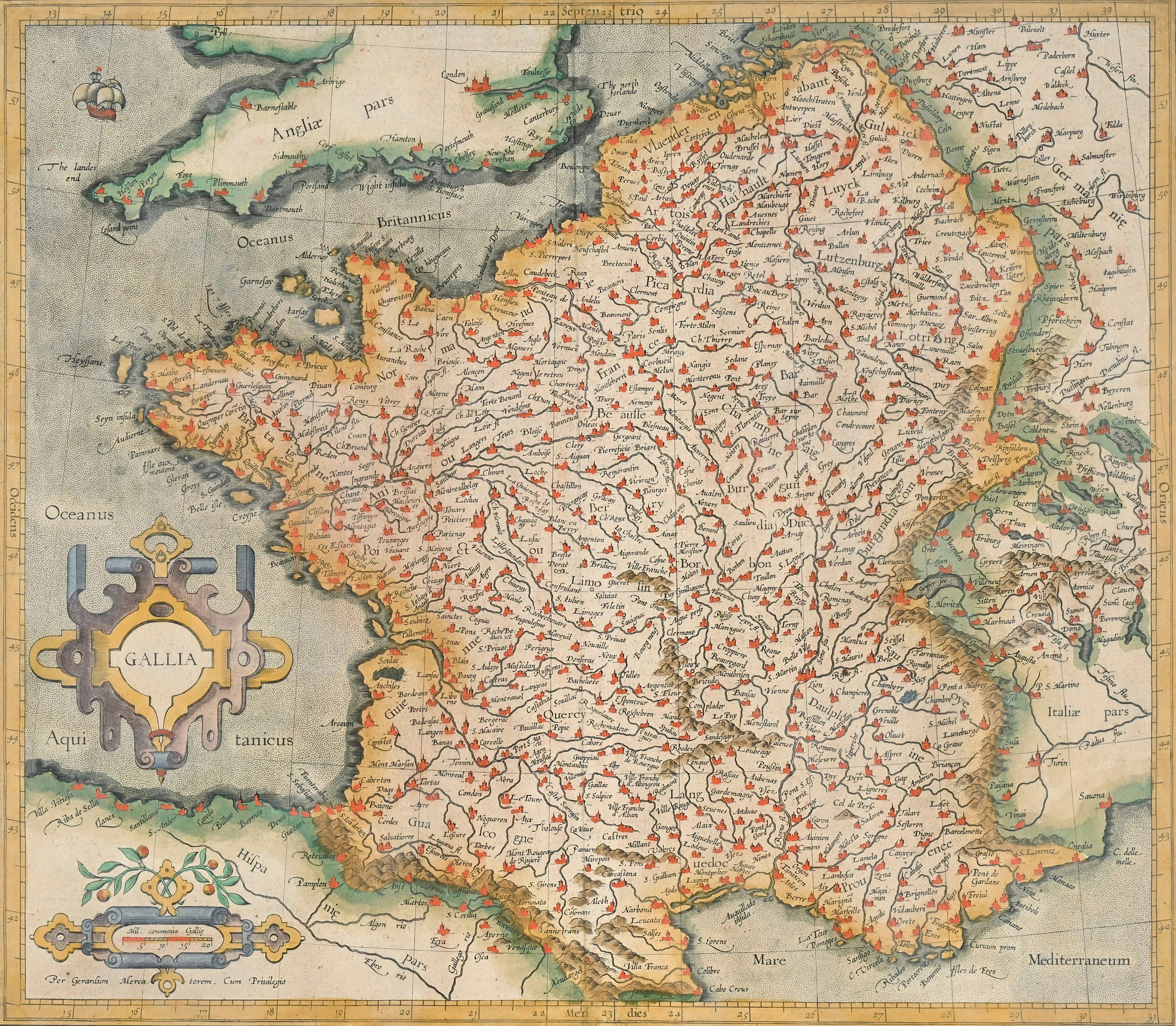 [FRANCE]. MERCATOR. Gallia. Tirage ancien. Carte gravée rehaussée