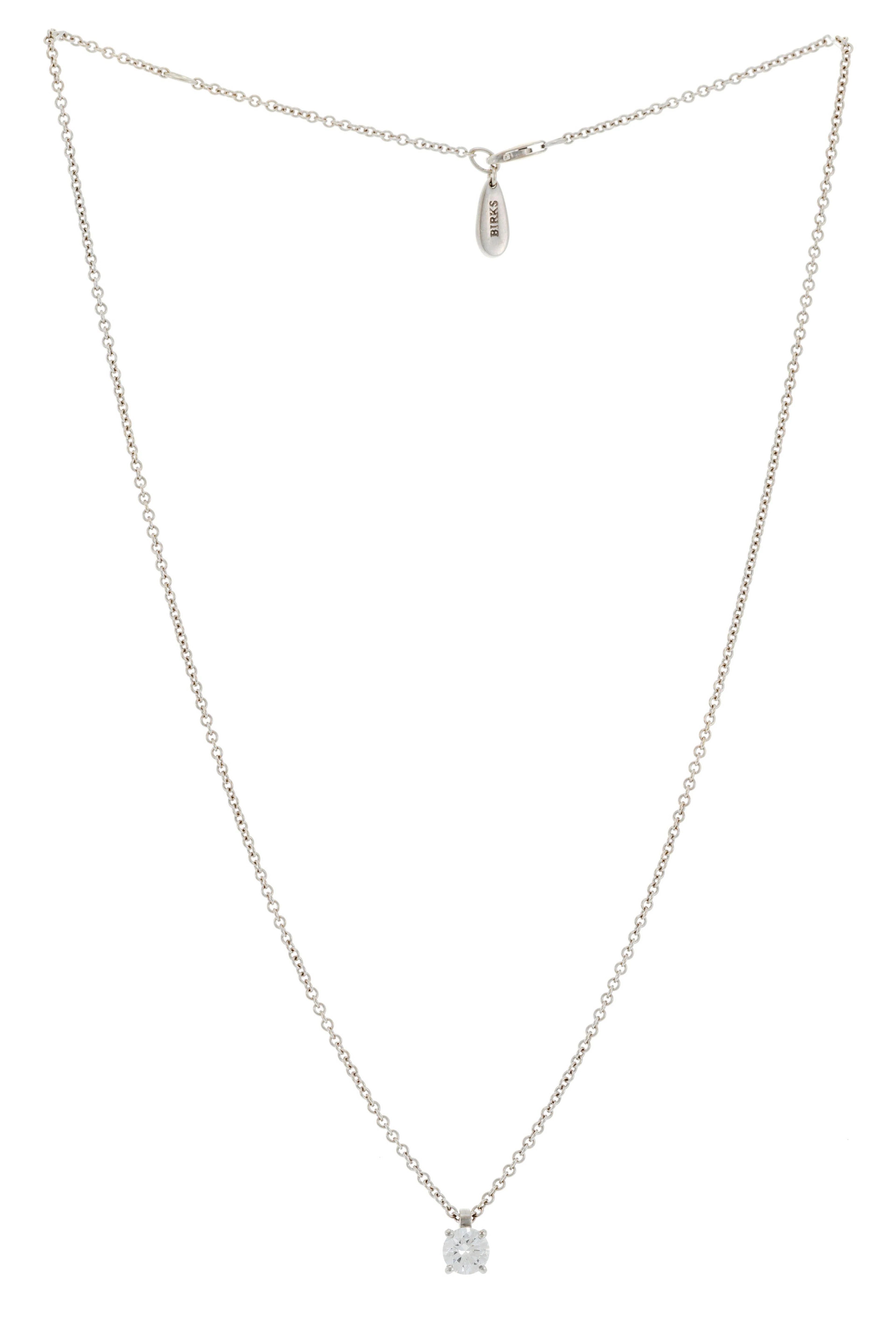 Birks, collier or gris 750 à maille forçat retenant un diamant taille