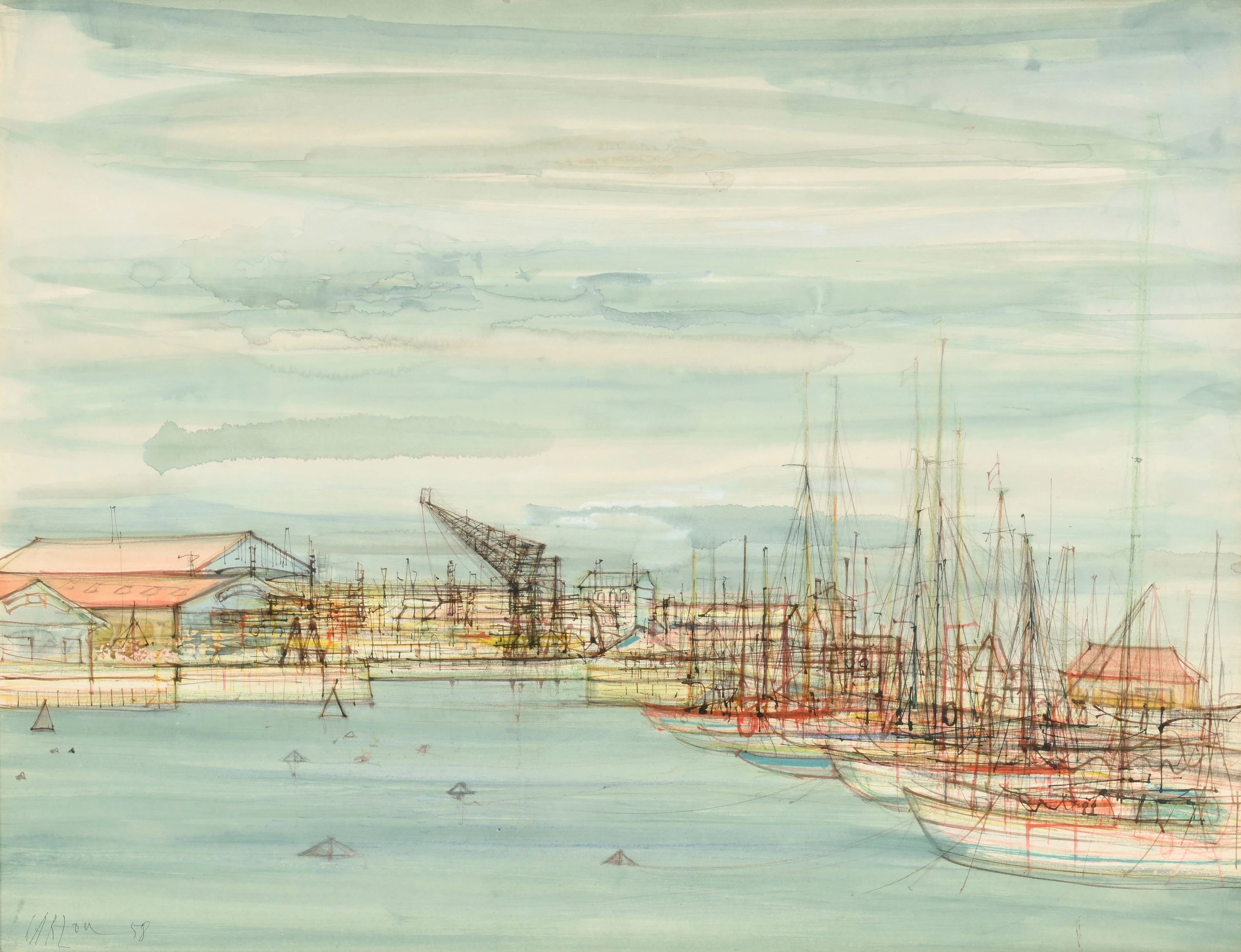 Jean Carzou (1907-2000), Scène de port, 1958, technique mixte (aquarelle