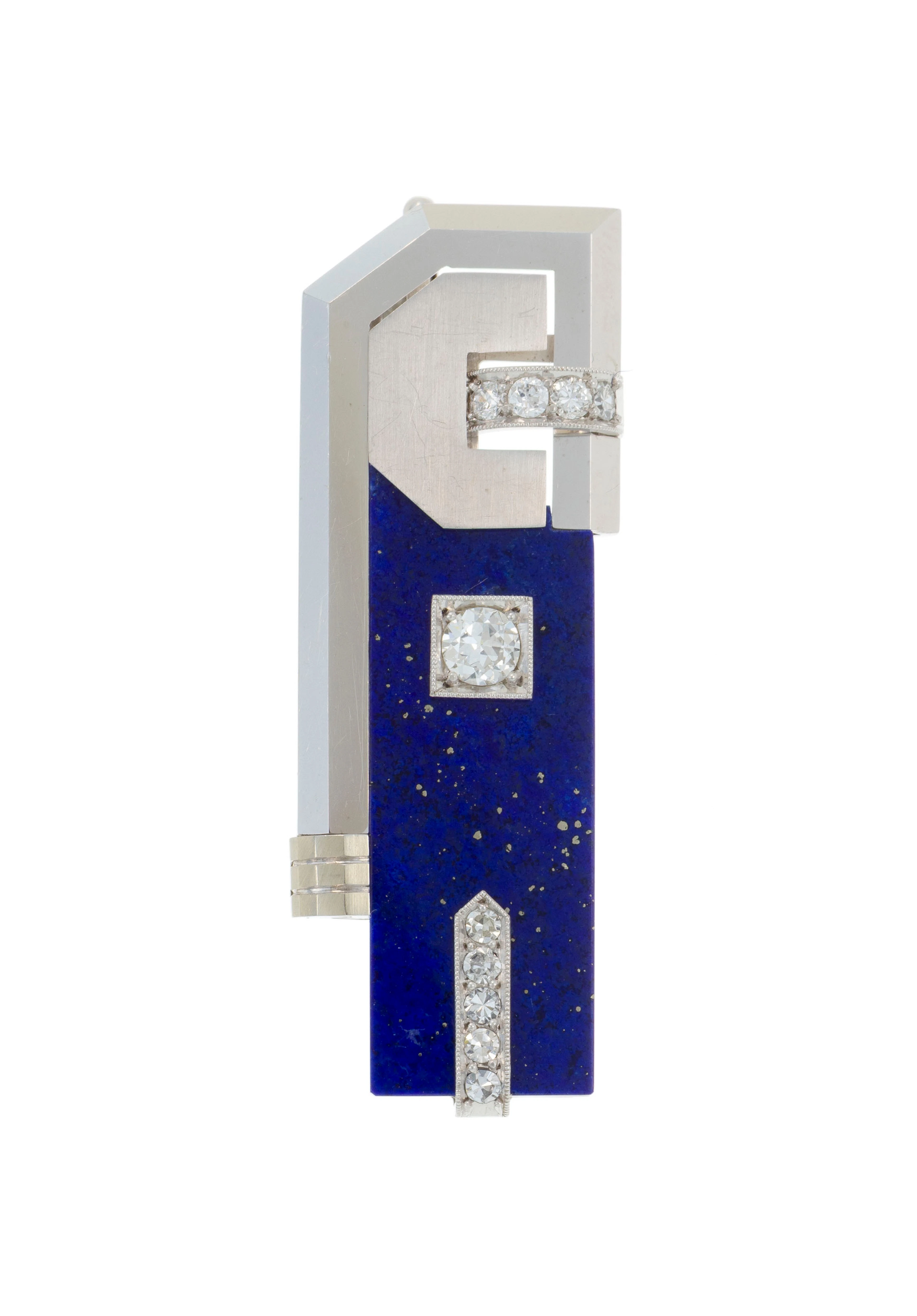 Broche Art Déco platine à motif géométrique ornée d'une plaque de