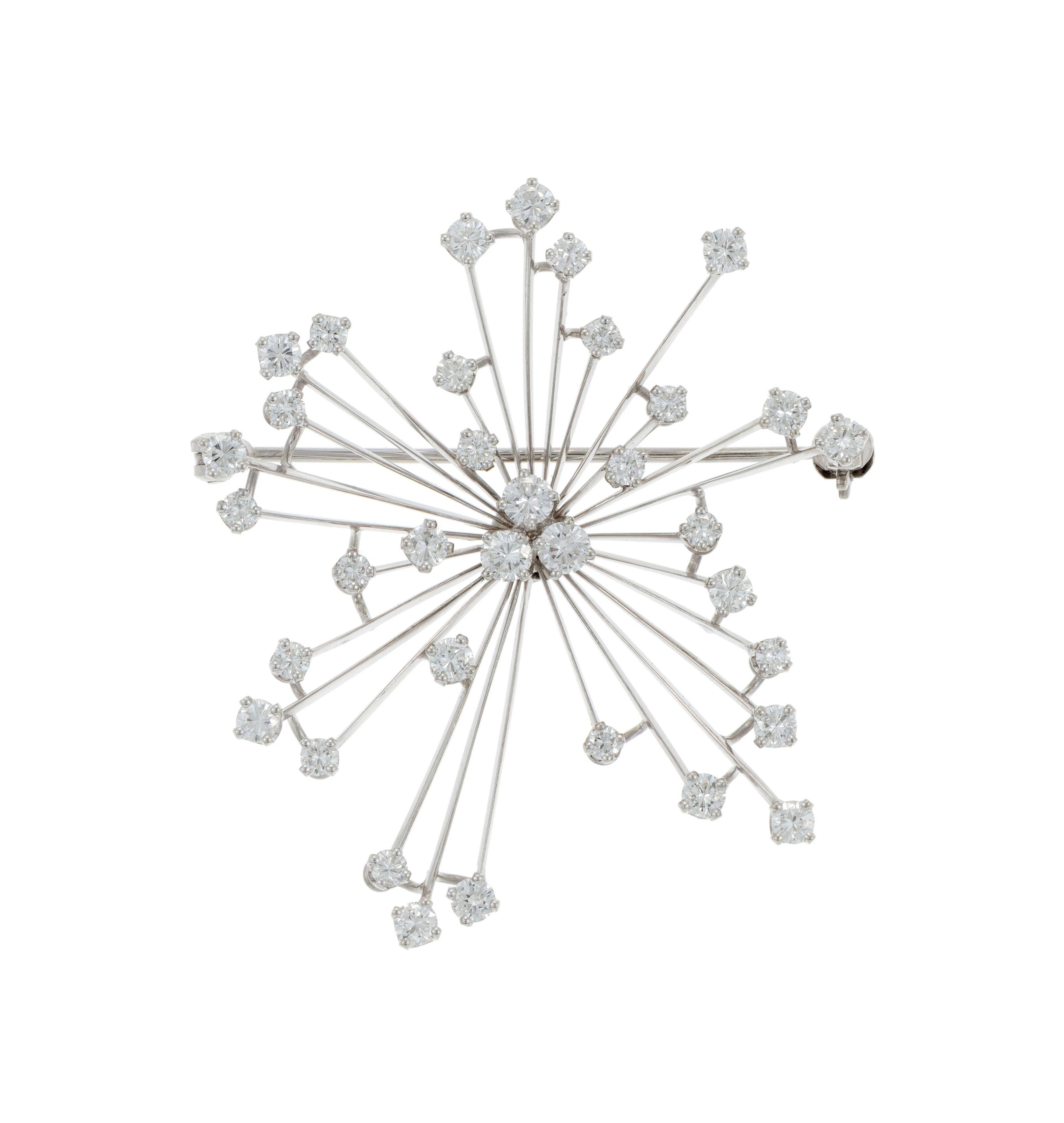 Broche or gris 750 à motif rayonnant sertie de diamants taille brillant