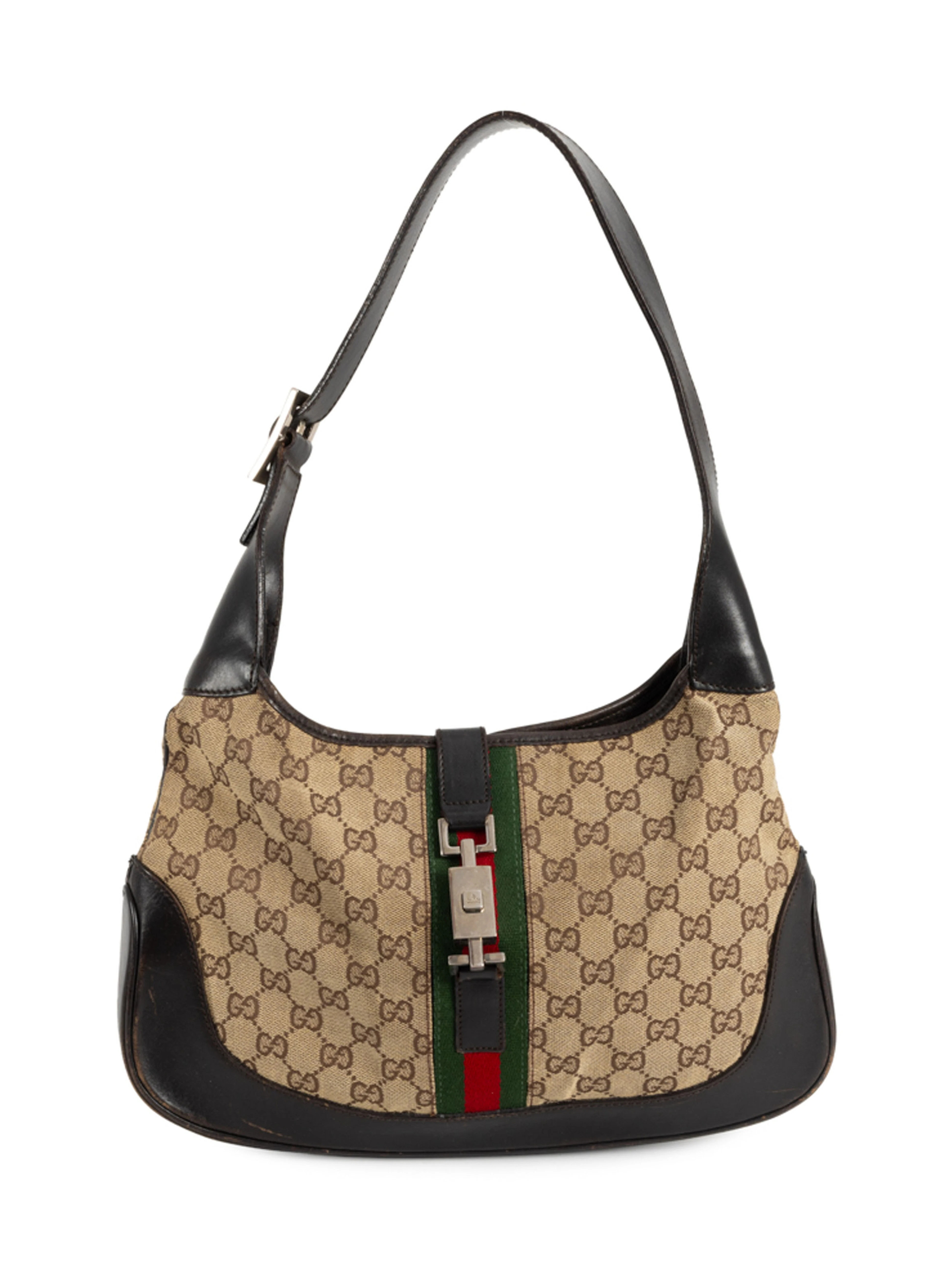 Gucci, sac Jackie en toile GG beige et cuir brun, bande Web verte