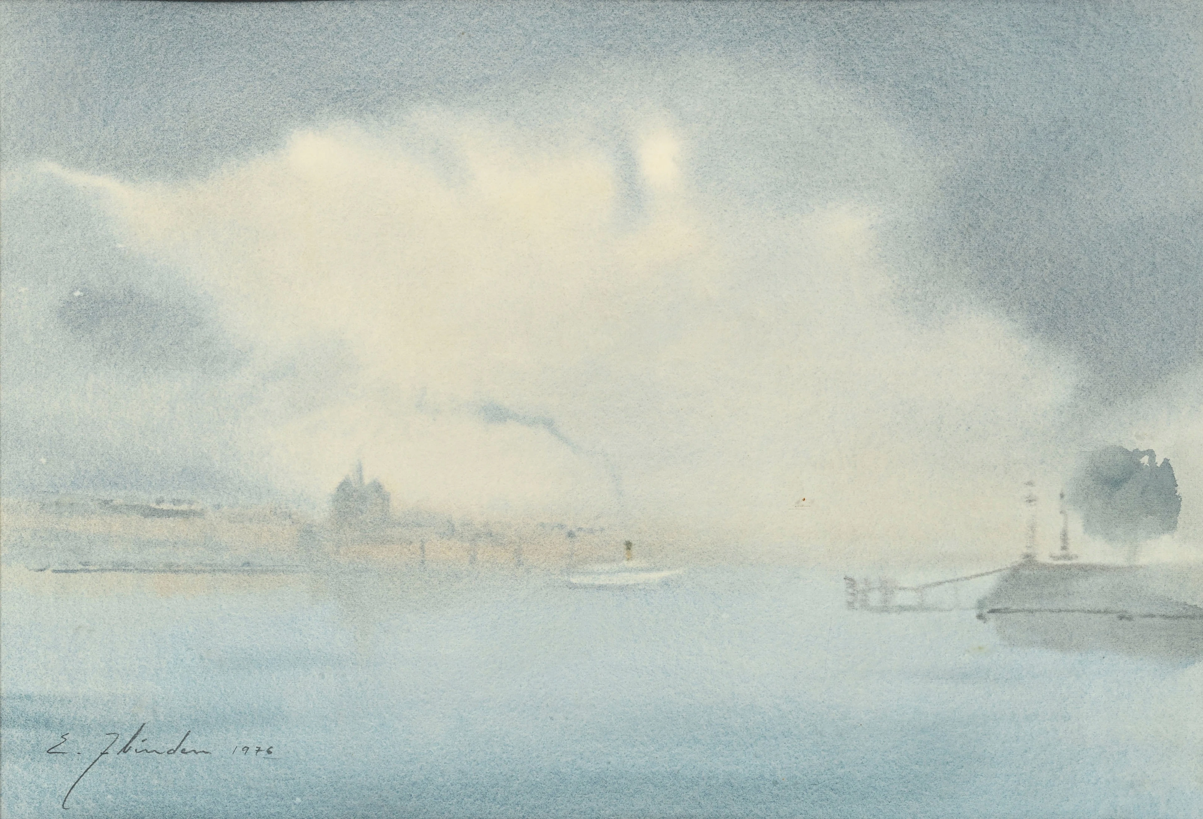 Ellis Zbinden (1921-2019), Vue du lac dans la brume, 1976, aquarelle