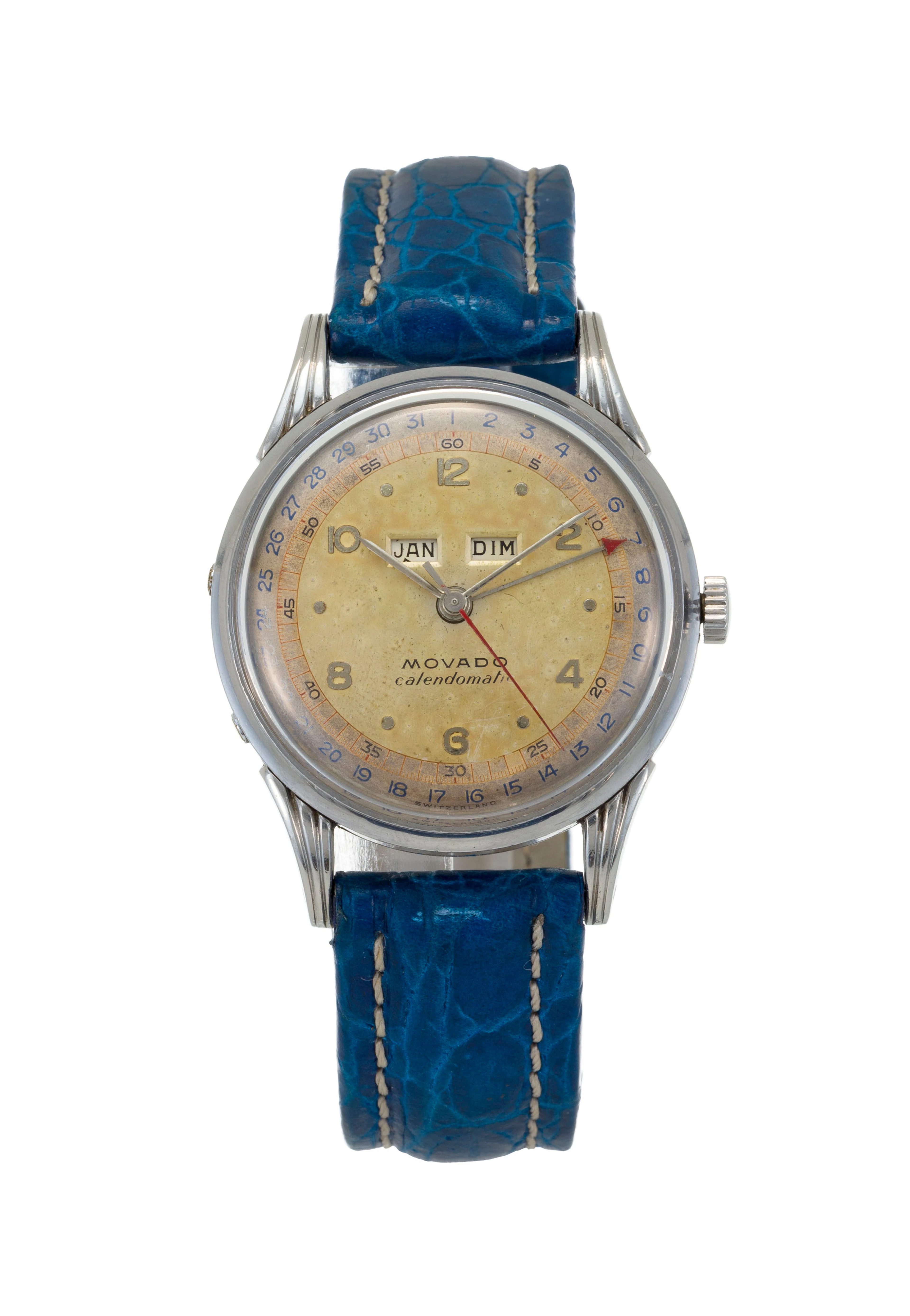 Movado, réf. 16207, montre en acier avec calendrier, années 1940-50