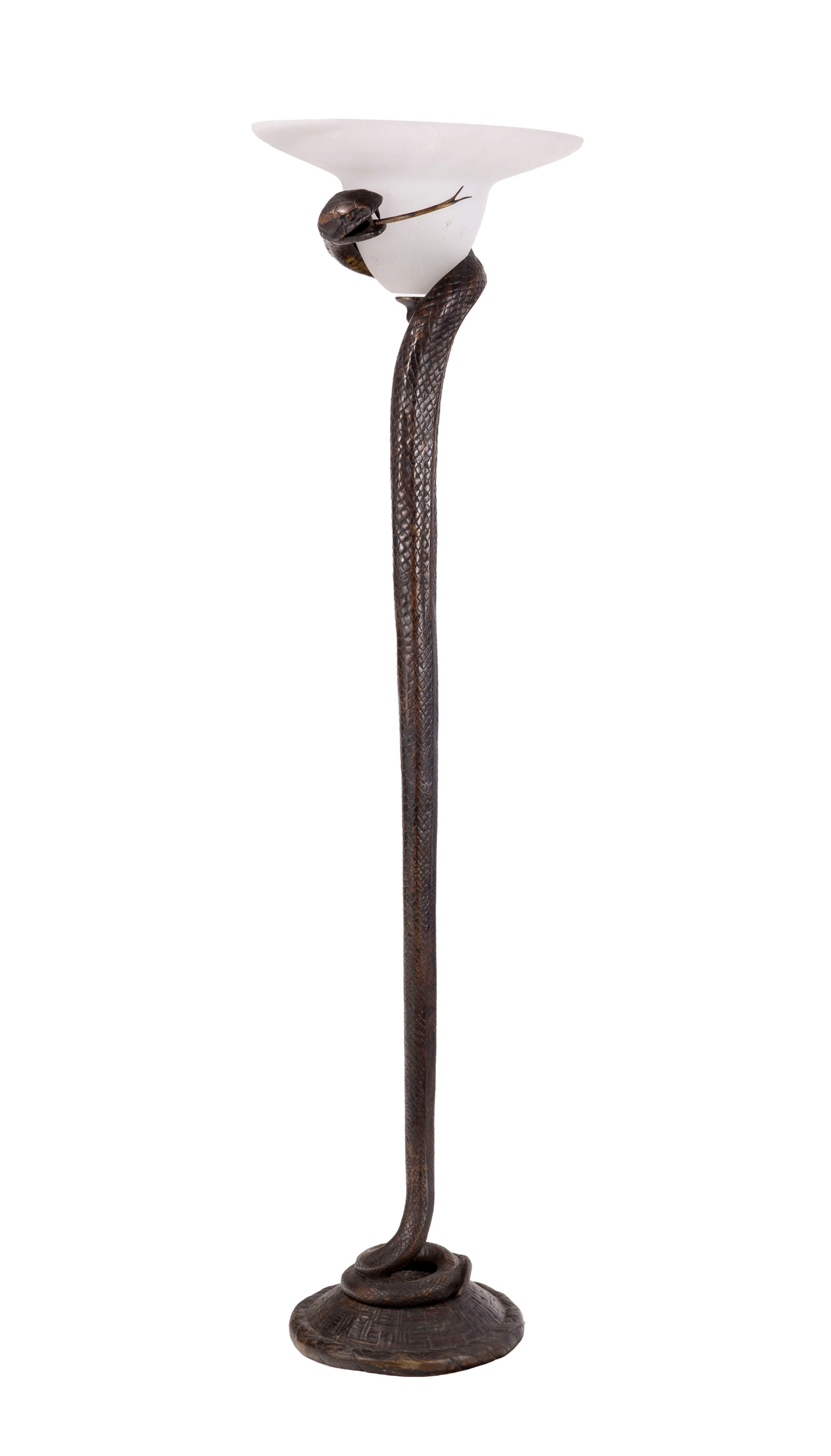 Lampadaire dans le goût d'Edgar Brandt, XXe s., en bronze patiné figurant