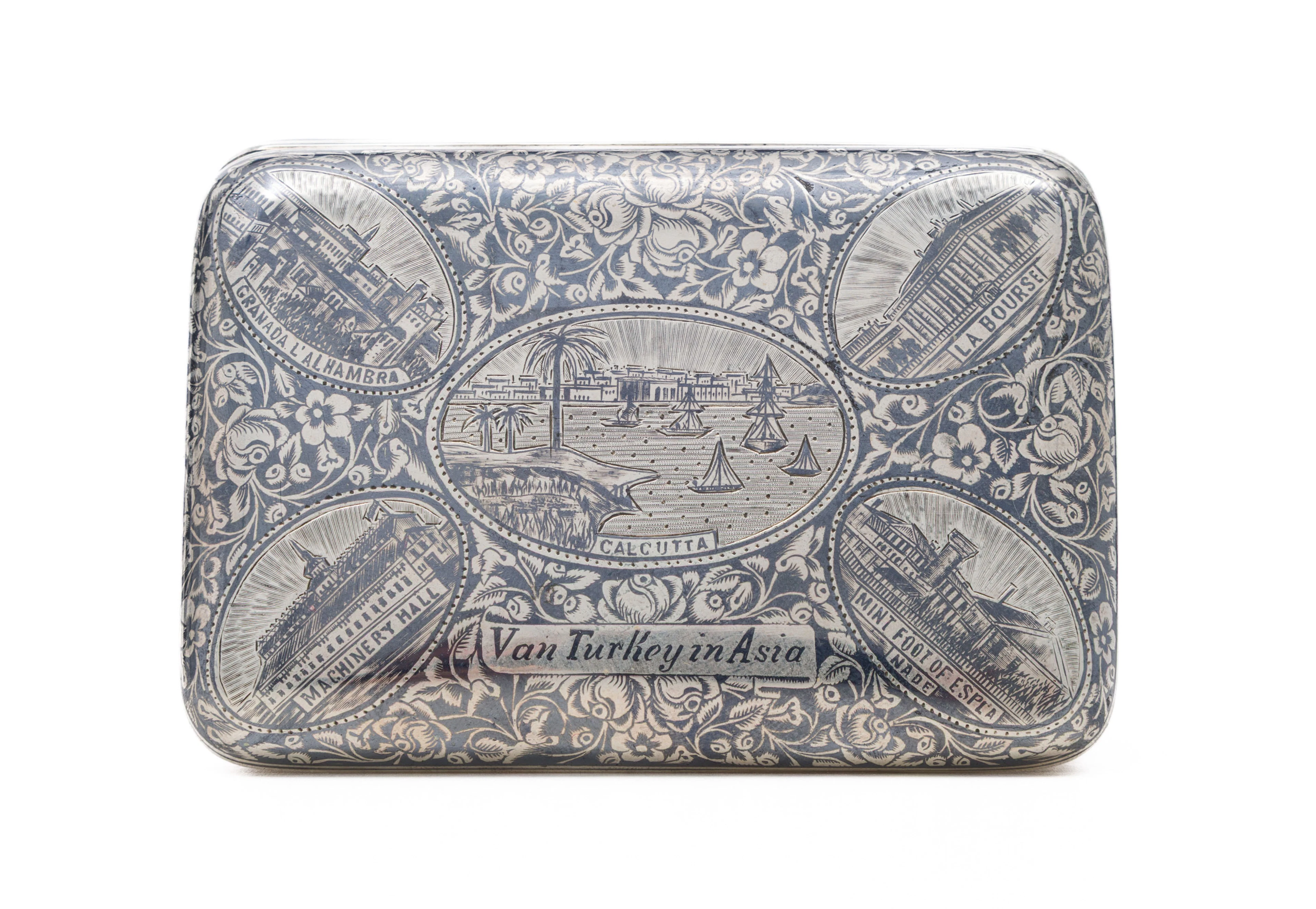 Boîte en argent niellé, Turquie ottomane, vers 1900, cartouches avec